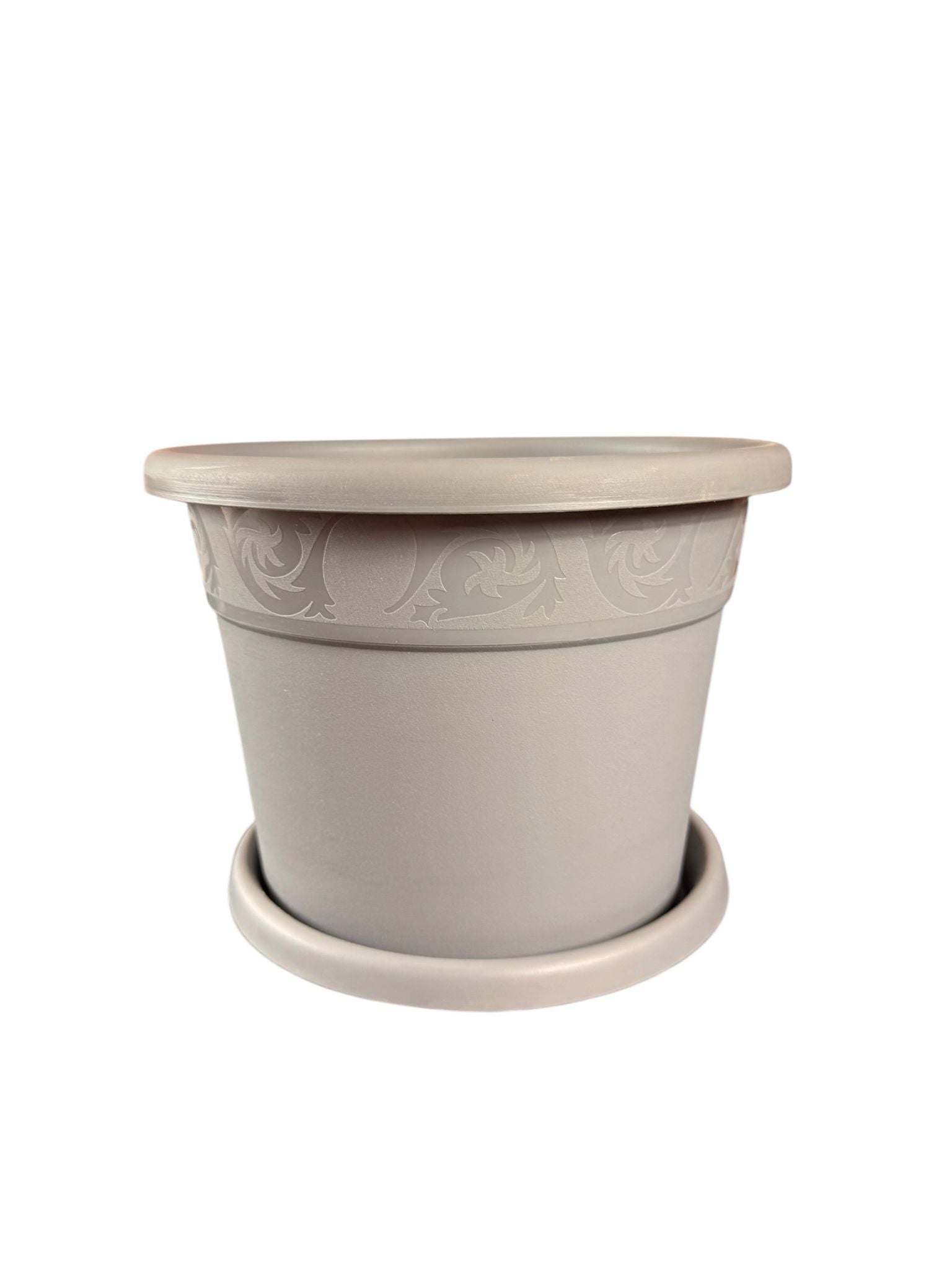 Ghiveci rotund decorativ din plastic cu farfurie gri perlat Model Nr. 7