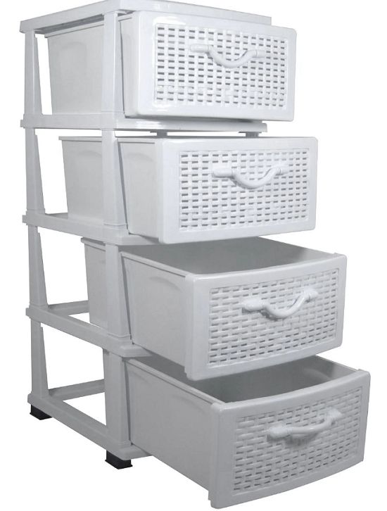 Dulap organizator din plastic cu 4 sertare tip ratan, alb