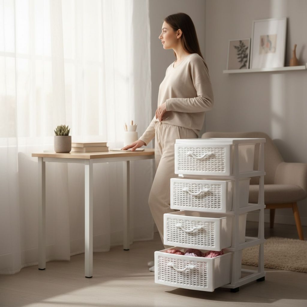 Dulap organizator din plastic cu 4 sertare tip ratan, alb