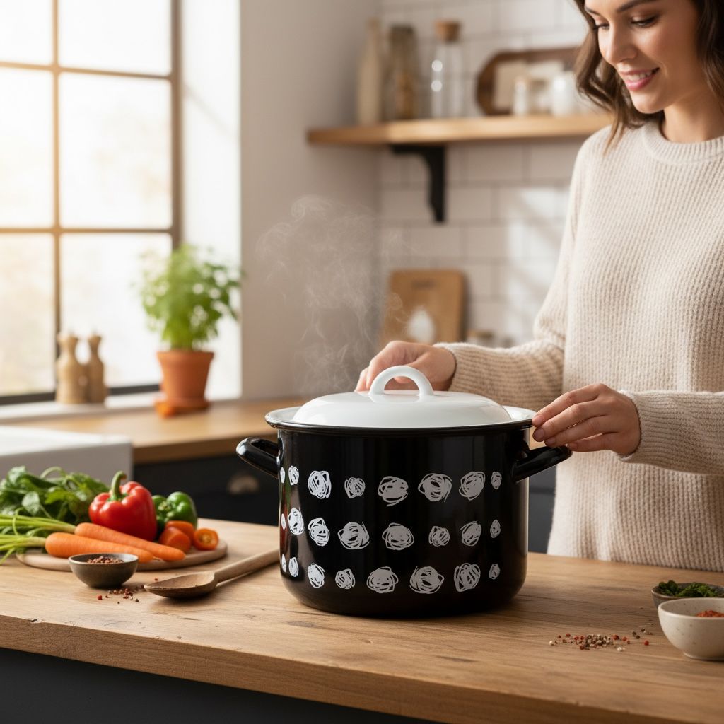 Oala emailata cu capac 22 cm 6.5 litri neagra cu buline