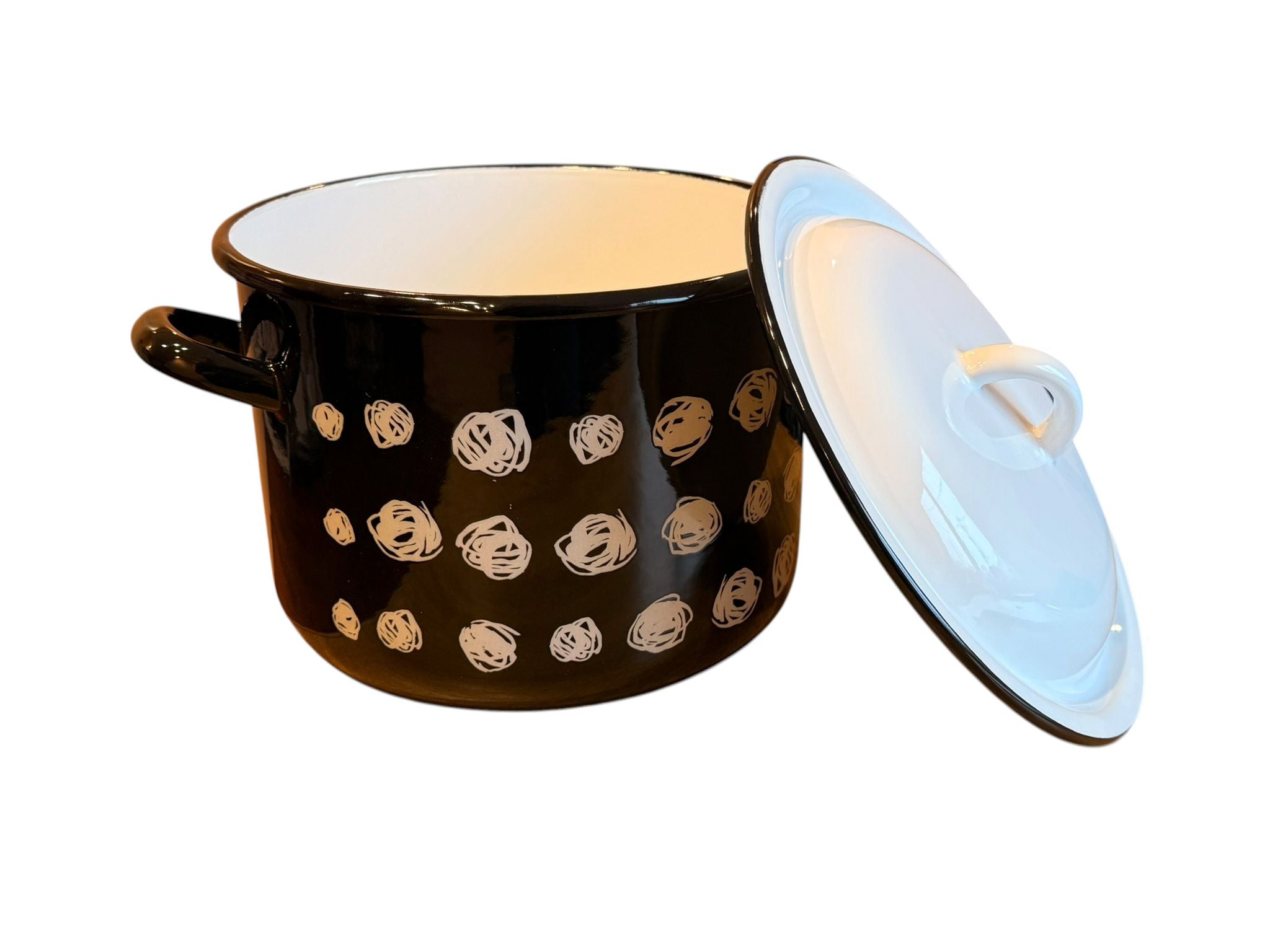 Oala emailata cu capac 22 cm 6.5 litri neagra cu buline