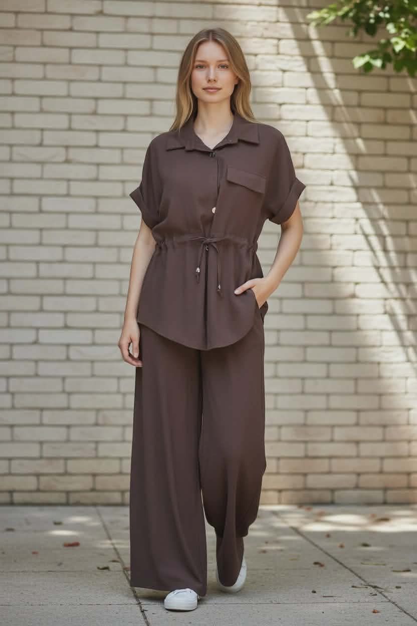 Compleu dama casual maro Made in Italy camasa cu snur in talie si pantaloni largi marime universala