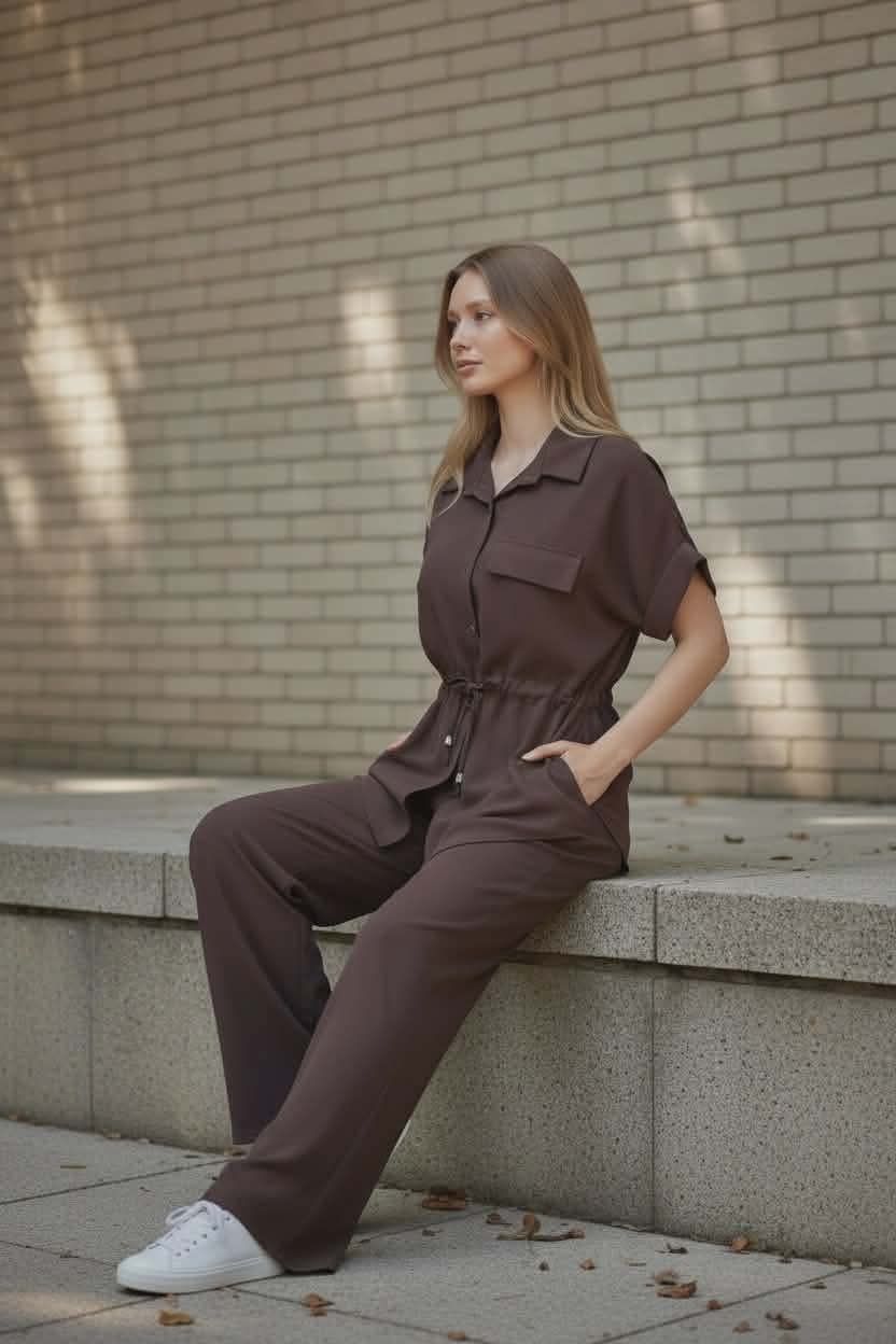 Compleu dama casual maro Made in Italy camasa cu snur in talie si pantaloni largi marime universala