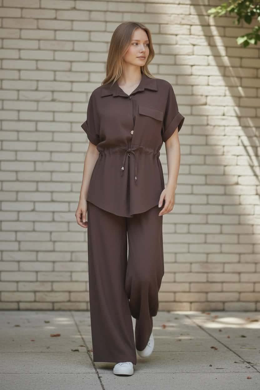 Compleu dama casual maro Made in Italy camasa cu snur in talie si pantaloni largi marime universala
