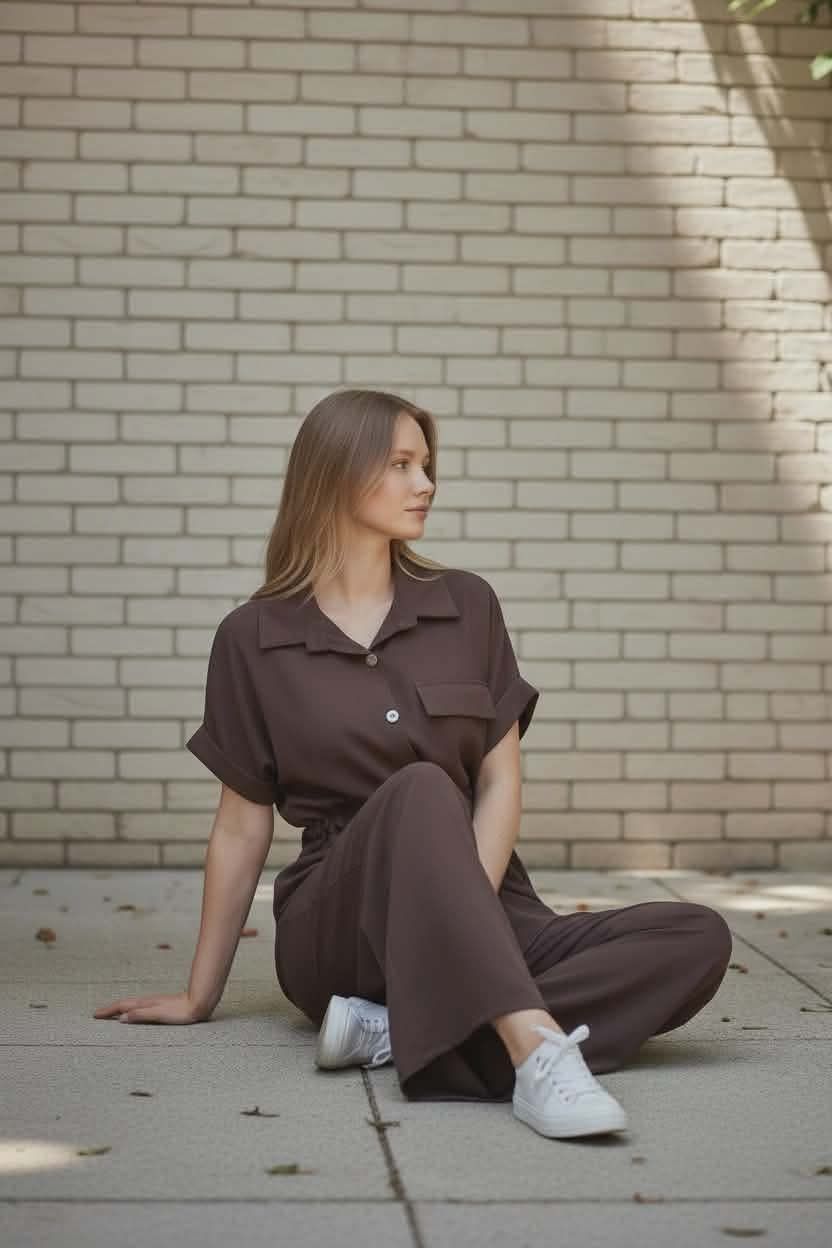 Compleu dama casual maro Made in Italy camasa cu snur in talie si pantaloni largi marime universala