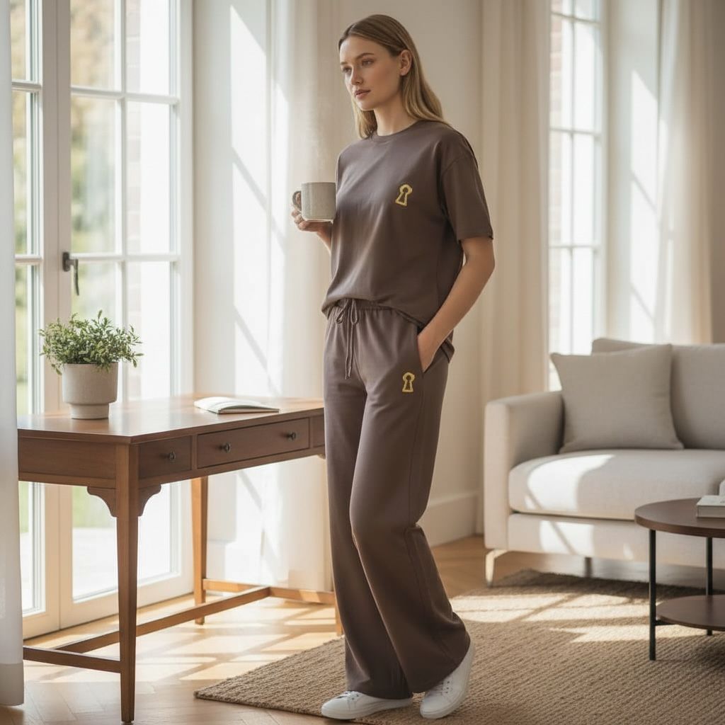 Compleu dama casual maro Jolien tricou si pantaloni bumbac elastan