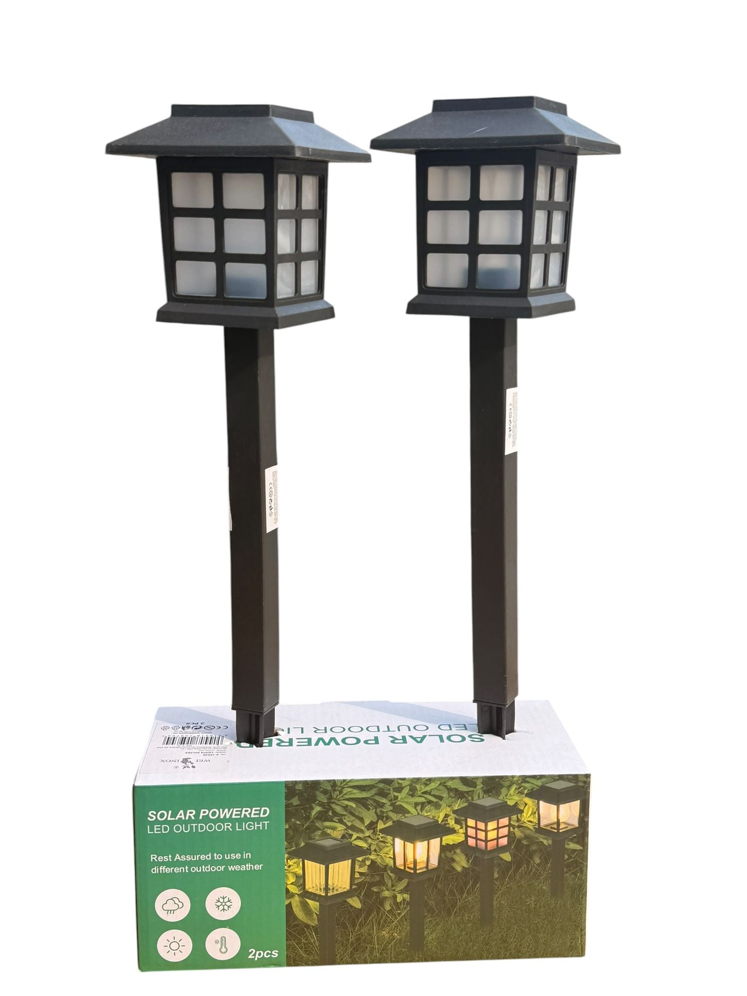 Set 2 lampi solare gradina LED exterior tip felinar cu tarus 30 cm lumina calda impermeabile