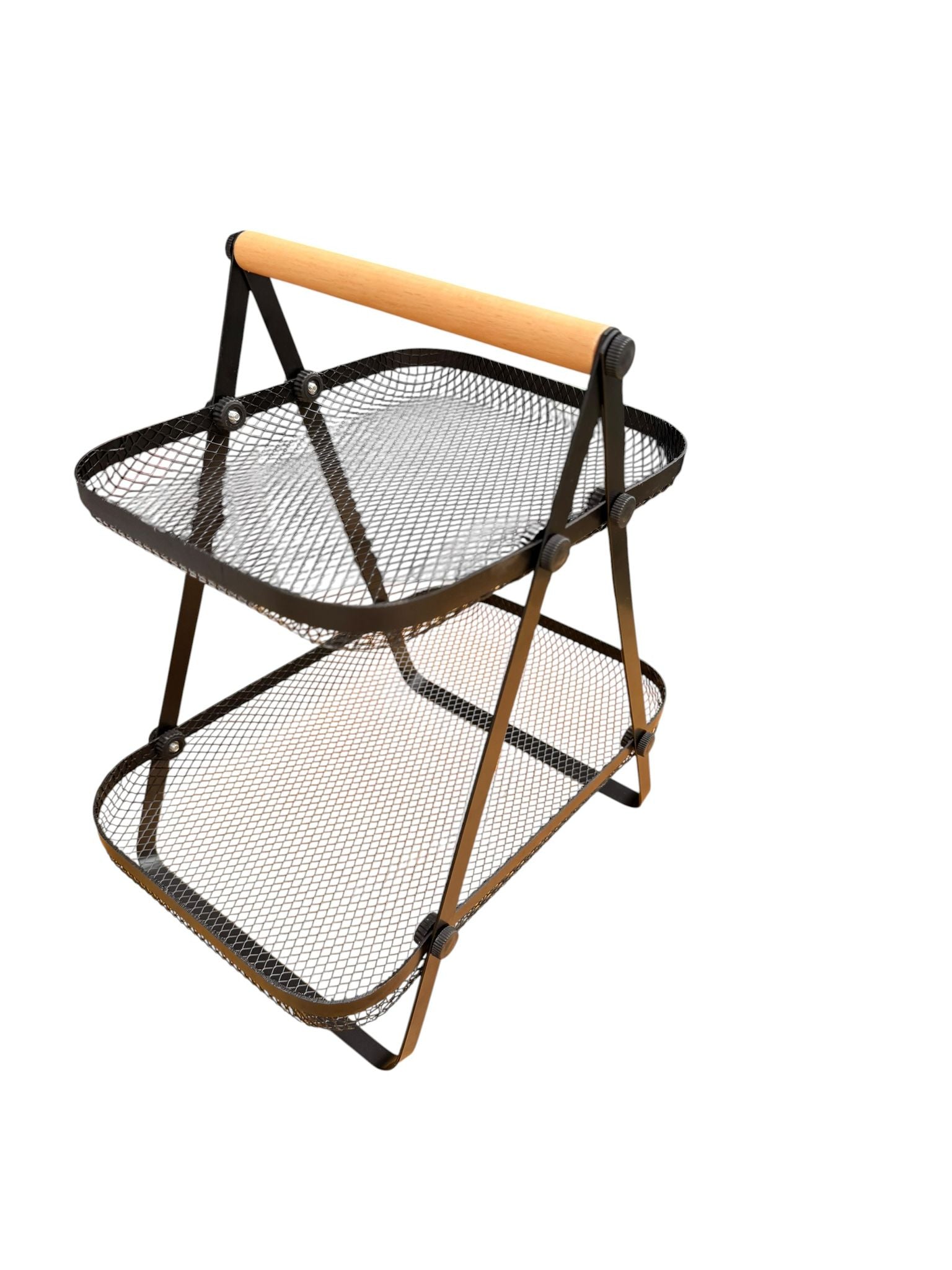 Fructiera etajata metalica cu 2 nivele maner lemn 27x18x29 cm neagra