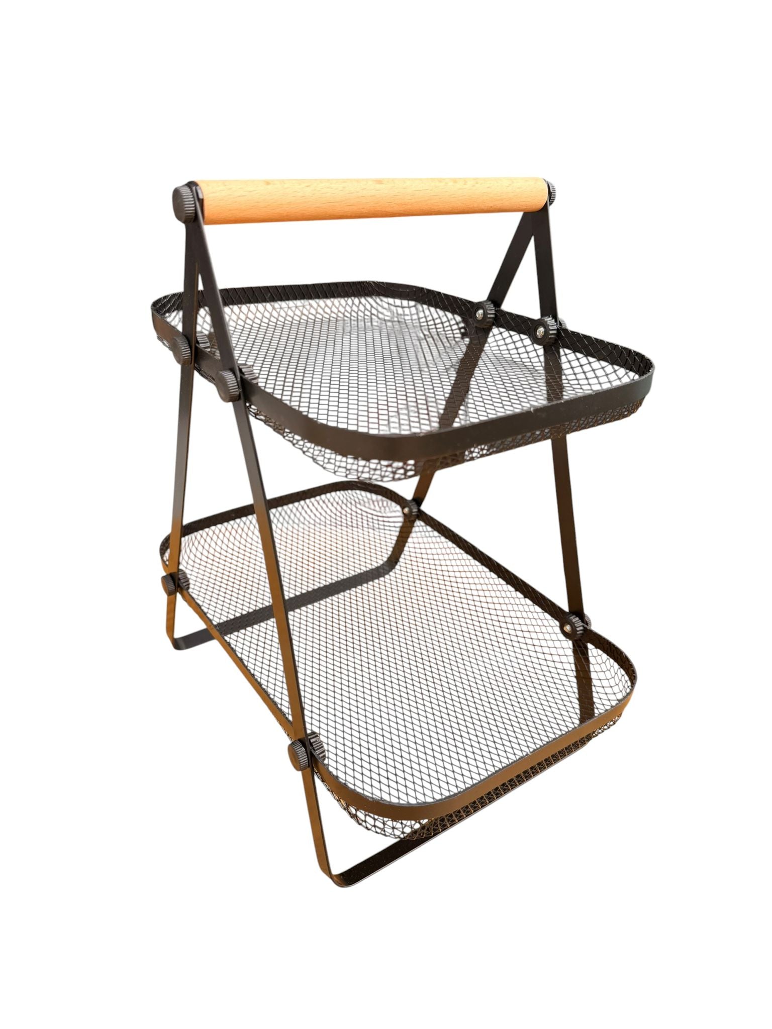 Fructiera etajata metalica cu 2 nivele maner lemn 27x18x29 cm neagra