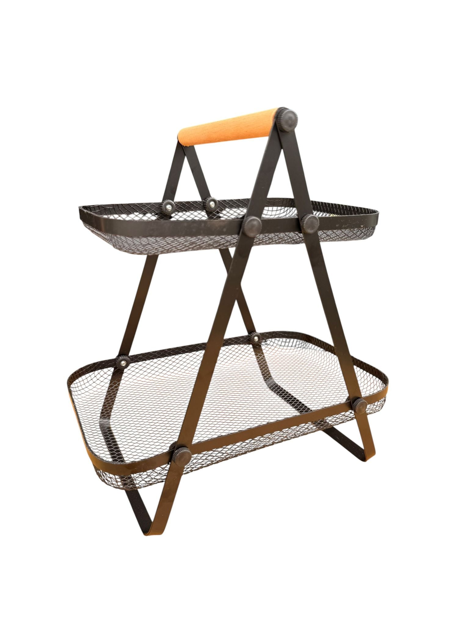 Fructiera etajata metalica cu 2 nivele maner lemn 27x18x29 cm neagra