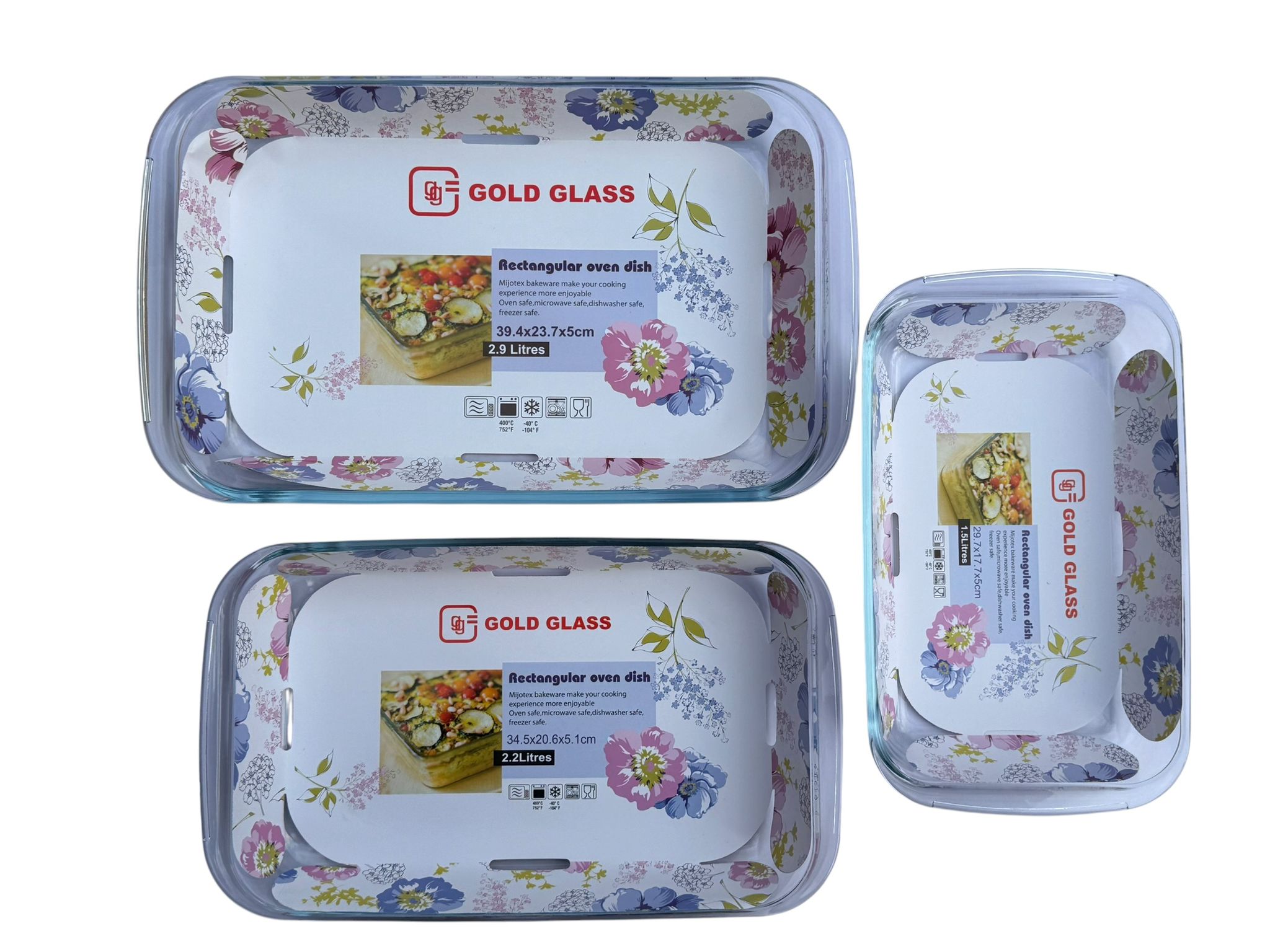 Set vase yena dreptunghiulare Gold Glass 3 piese 1.5L 2.2L 2.9L