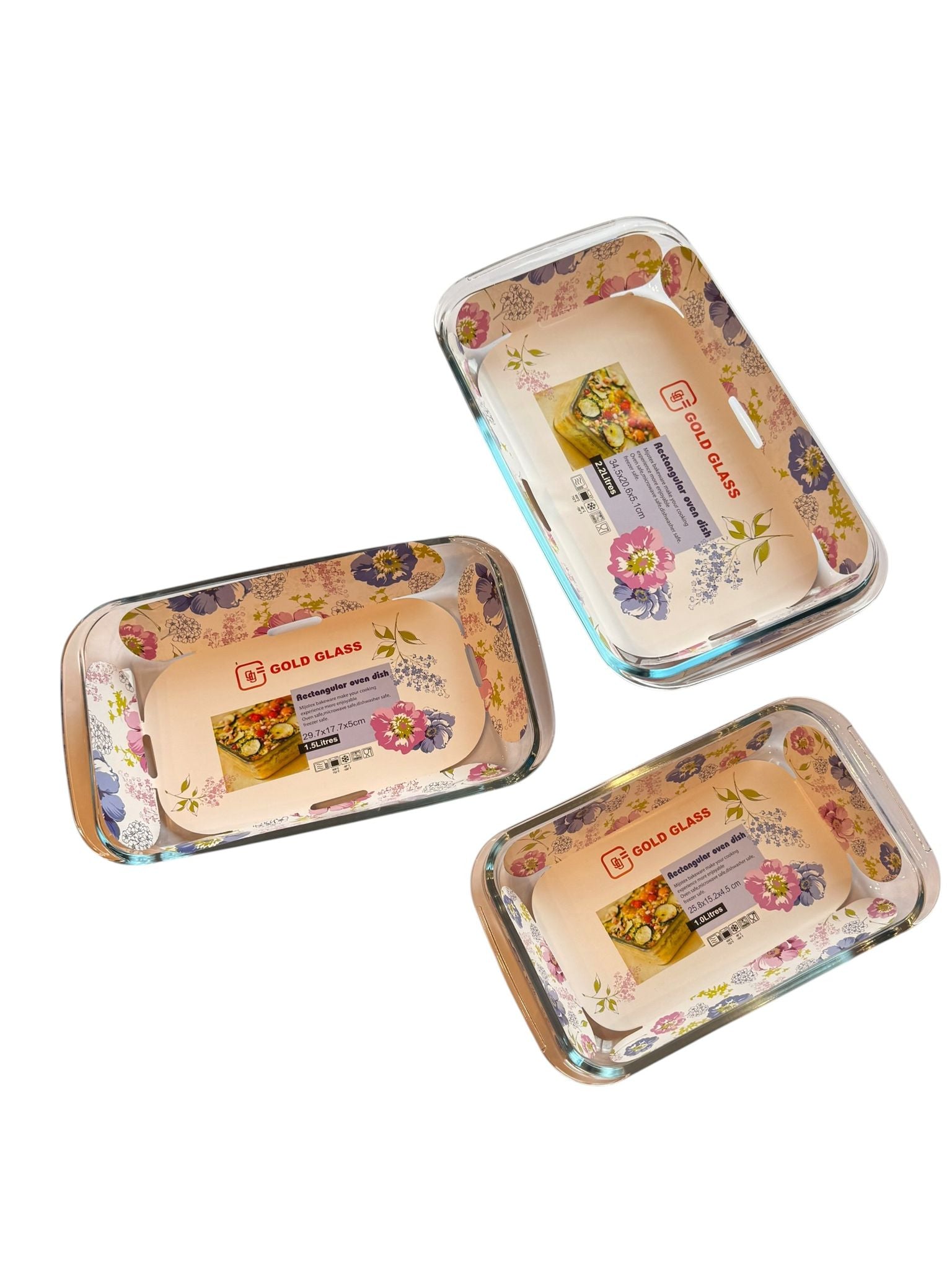 Set vase yena 3 piese dreptunghiulare 1L 1.5L 2.2L Gold Glass