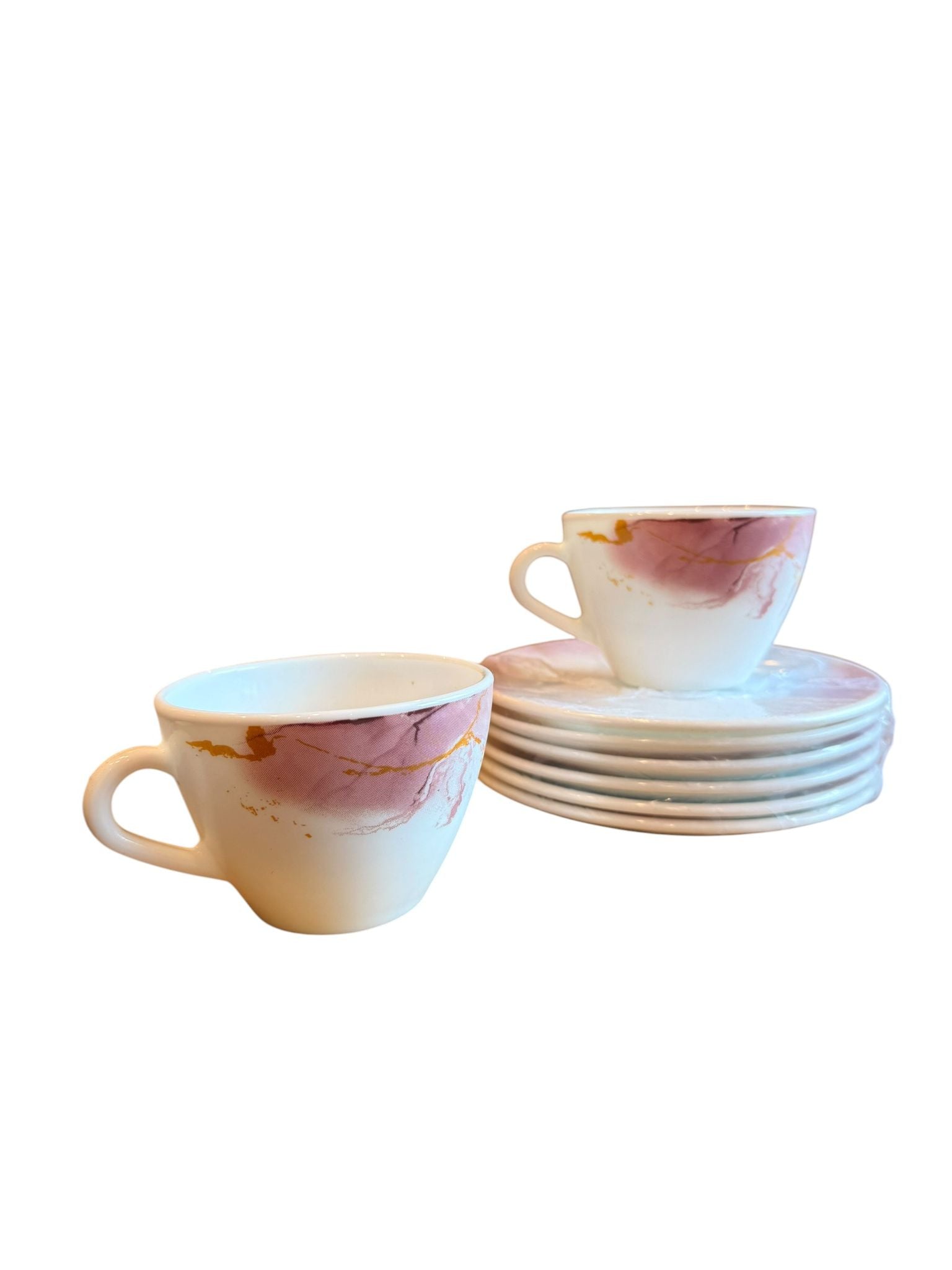 Set cesti cafea cu farfurii 12 piese opal decor marmorat roz 190 ml 6 persoane
