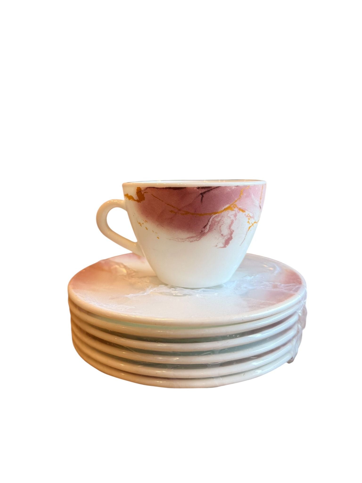 Set cesti cafea cu farfurii 12 piese opal decor marmorat roz 190 ml 6 persoane