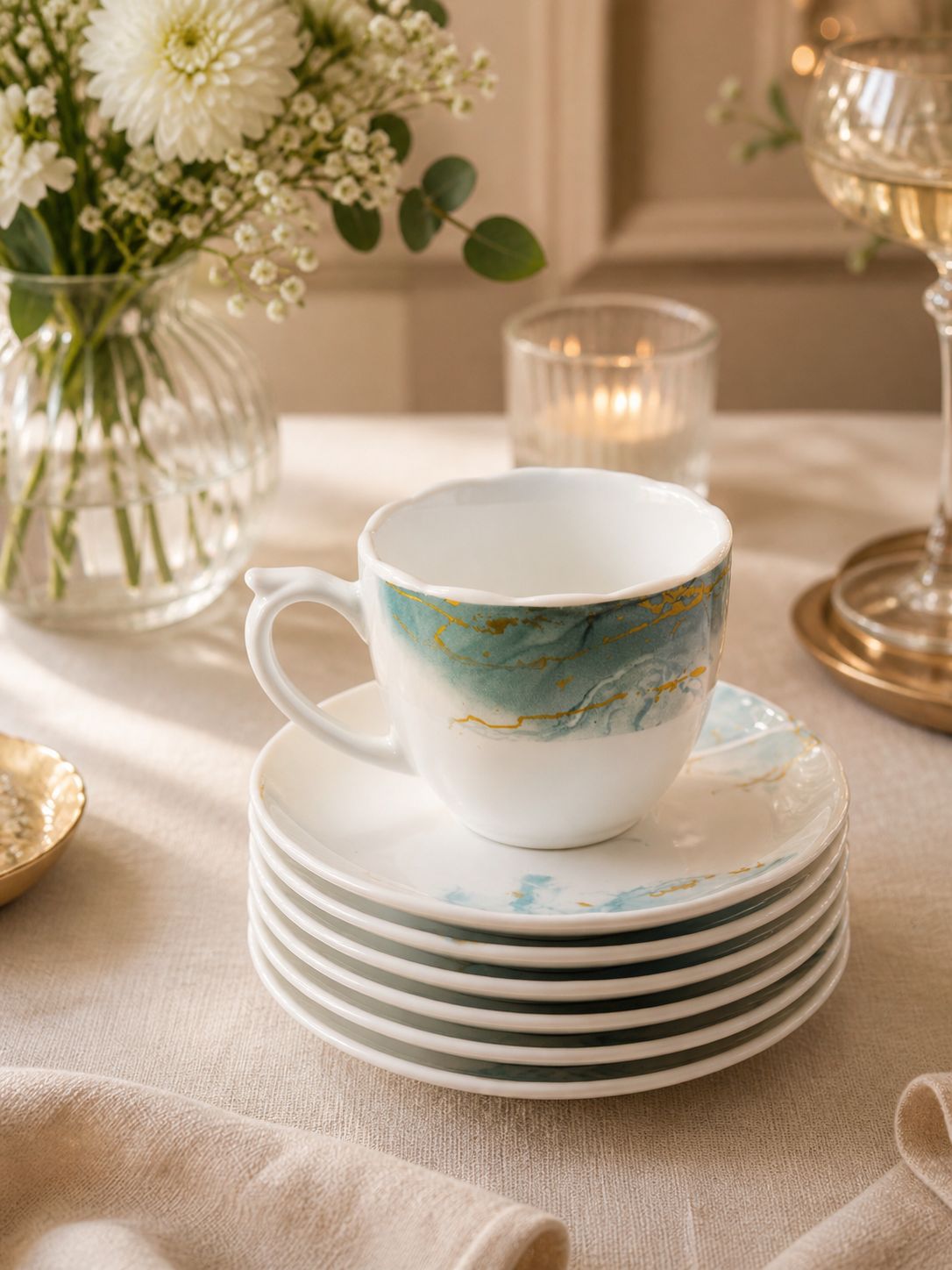 Set cesti cafea cu farfurii 12 piese opal decor marmorat albastru verde 190 ml 6 persoane