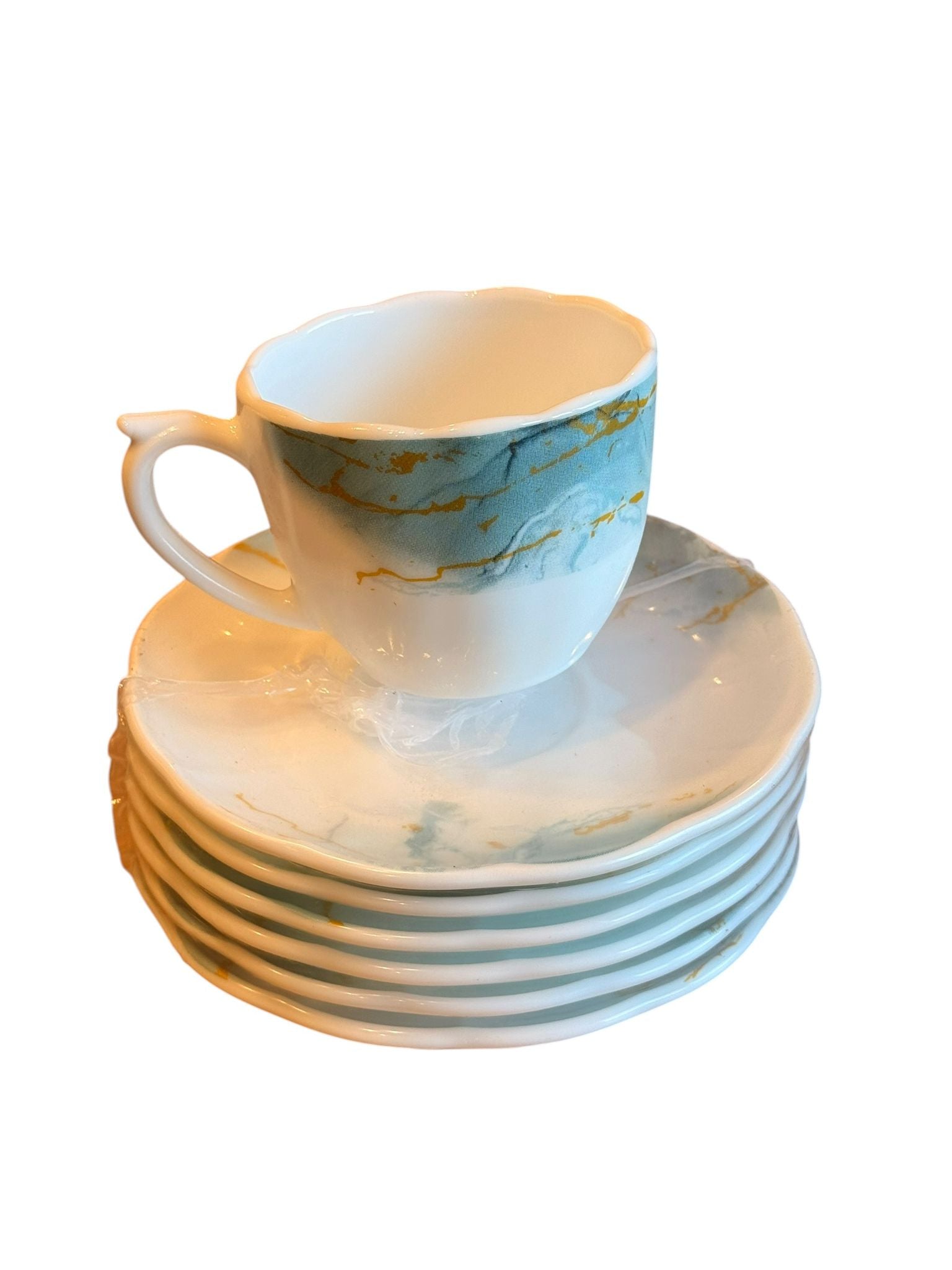 Set cesti cafea cu farfurii 12 piese opal decor marmorat albastru verde 190 ml 6 persoane