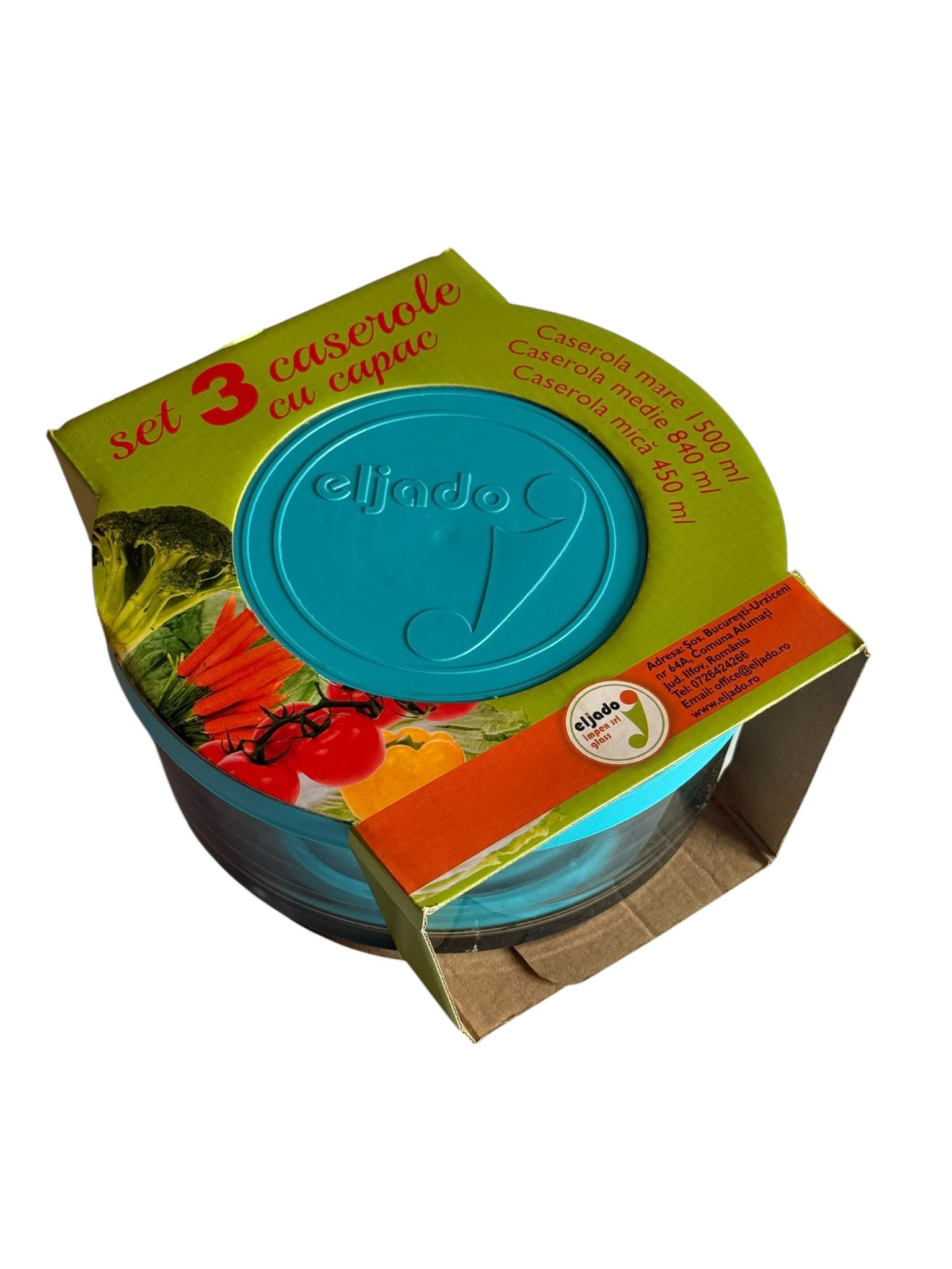 Set 3 caserole sticla cu capac Eljado 450ml 840ml 1500ml