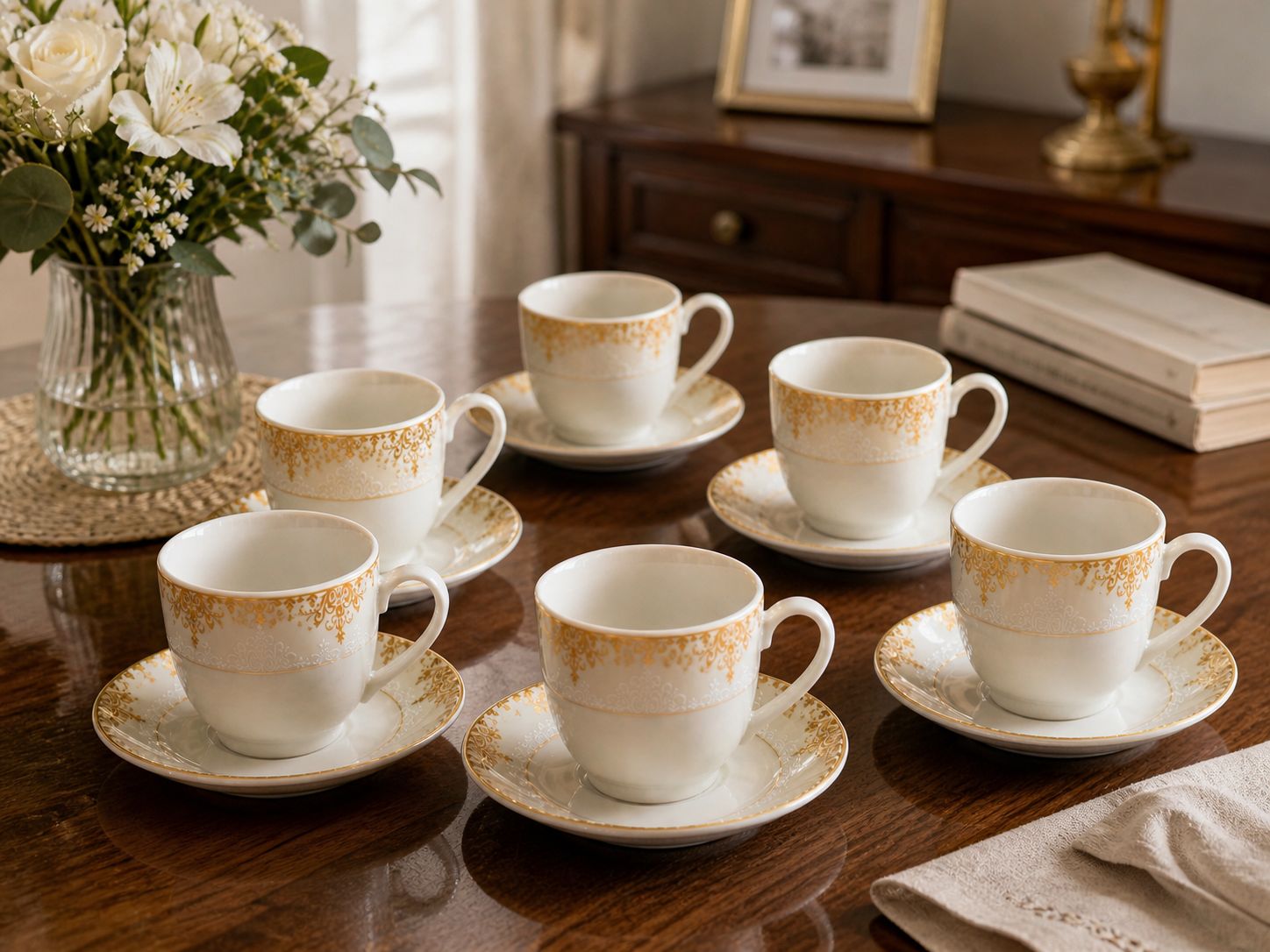 Set 6 cesti cafea cu farfurioare si suport metalic model elegant MALOOKI
