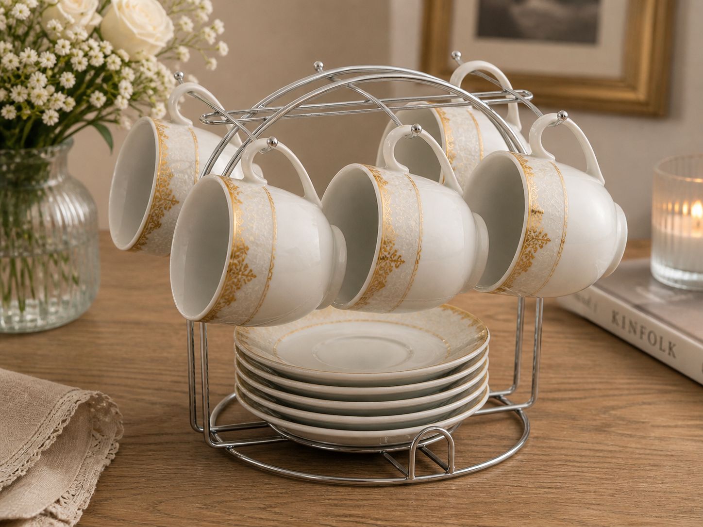Set 6 cesti cafea cu farfurioare si suport metalic model elegant MALOOKI