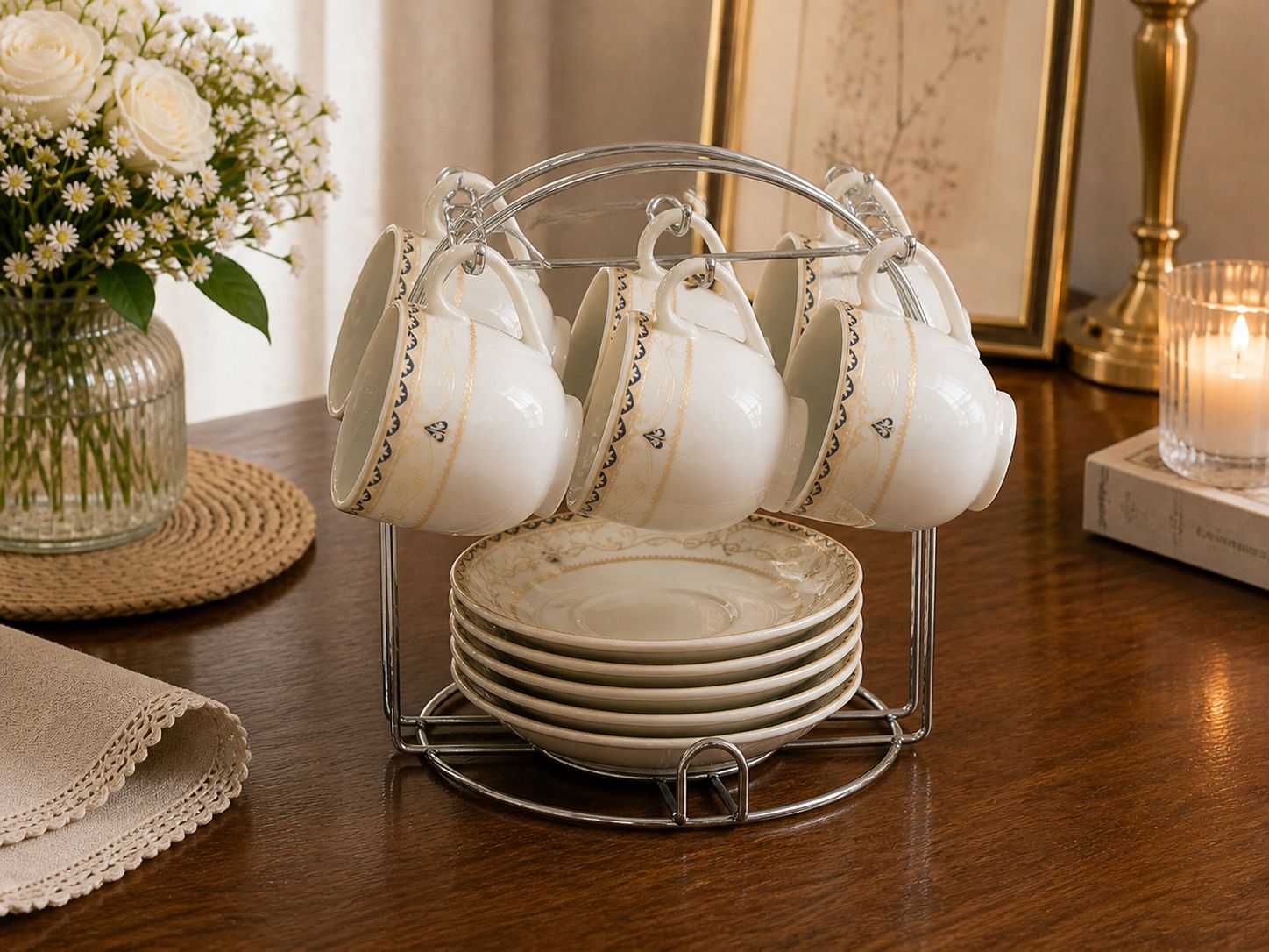 Set 6 cesti cafea cu farfurioare si suport metalic model romanesc MALOOKI