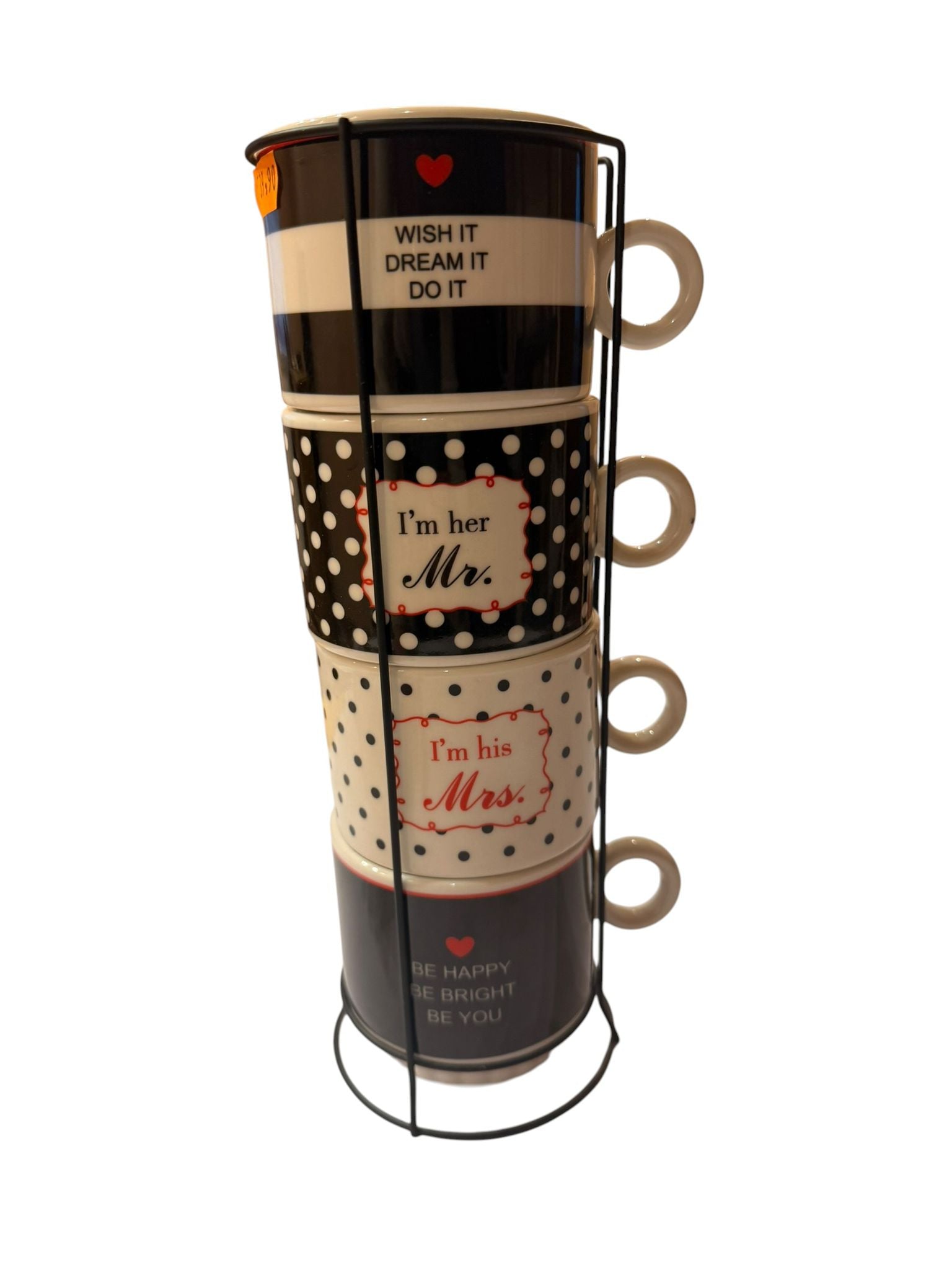 Set cani ceramice 4 piese cu suport metalic model elegant alb negru