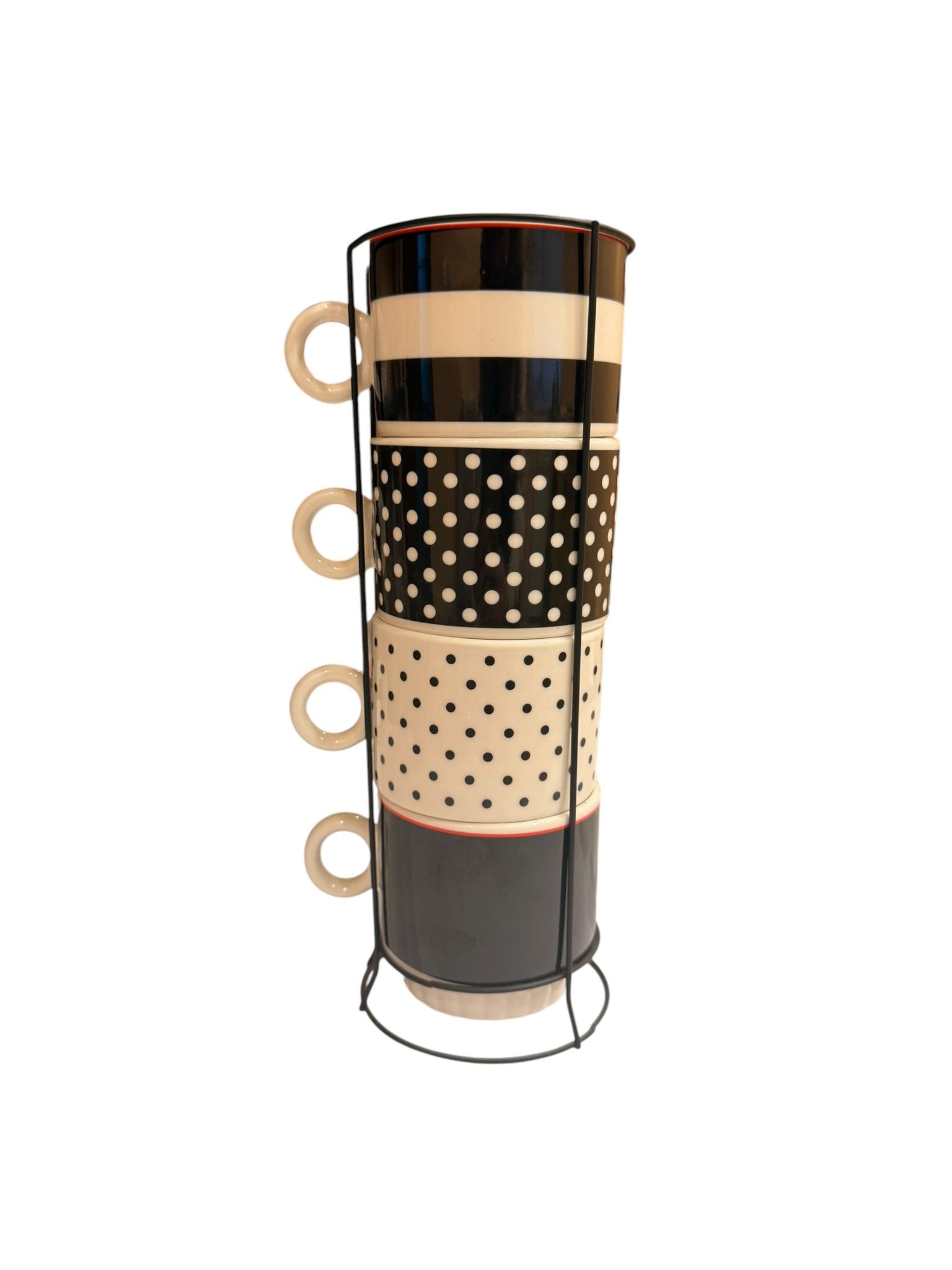 Set cani ceramice 4 piese cu suport metalic model elegant alb negru
