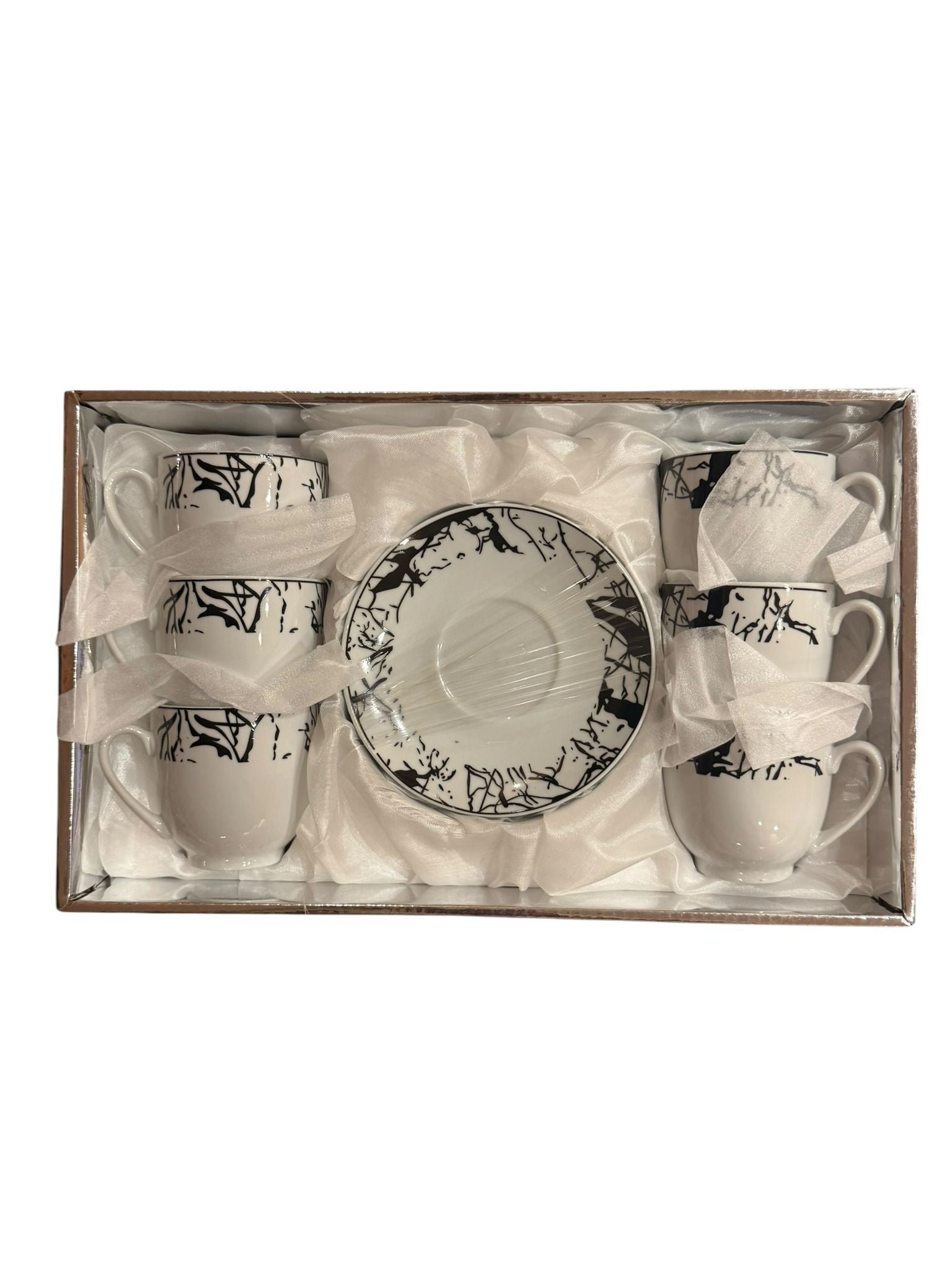 vSet cesti cafea 6 buc cu farfurioare ceramice model alb negru MALOOKI