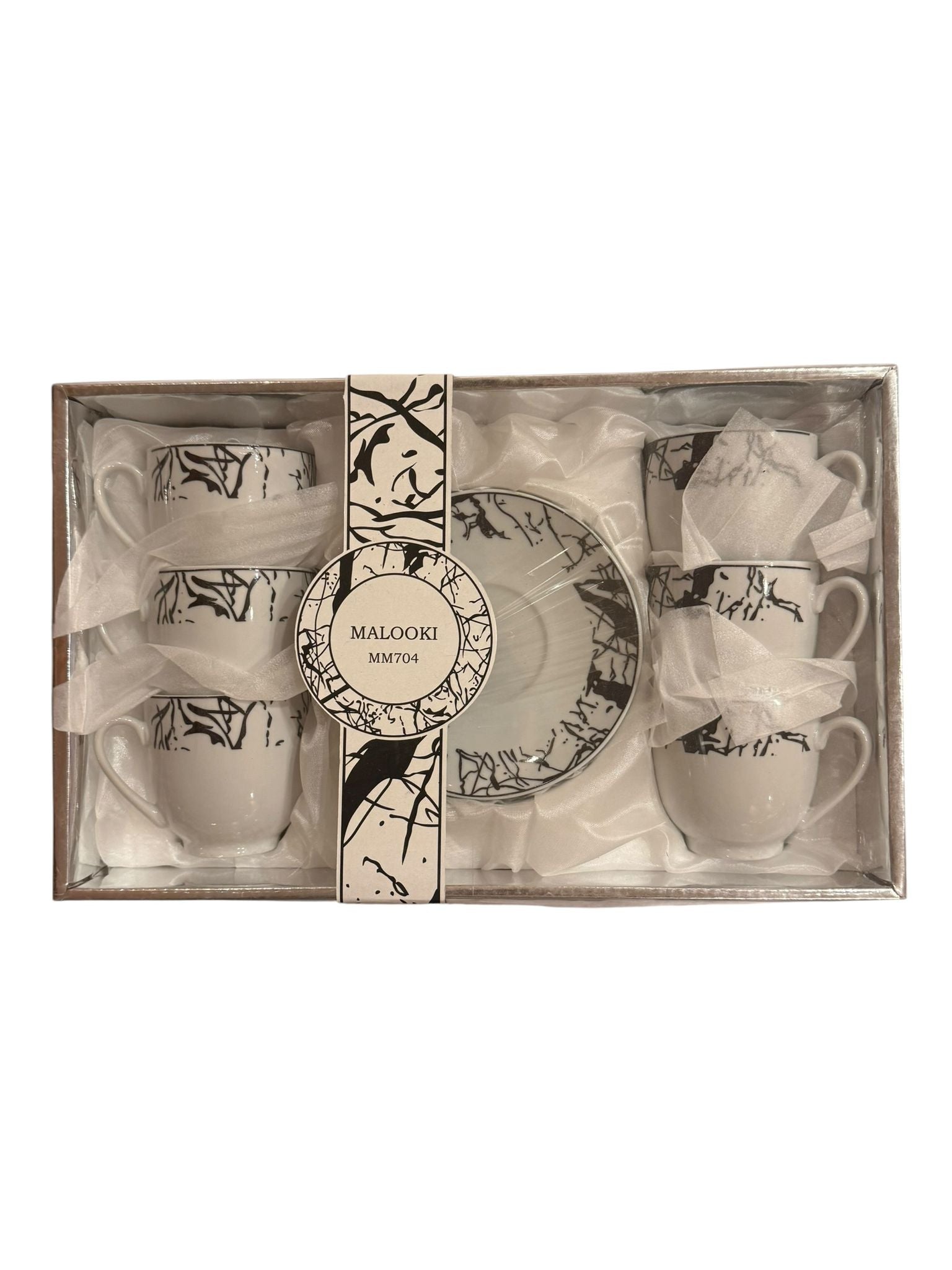 vSet cesti cafea 6 buc cu farfurioare ceramice model alb negru MALOOKI