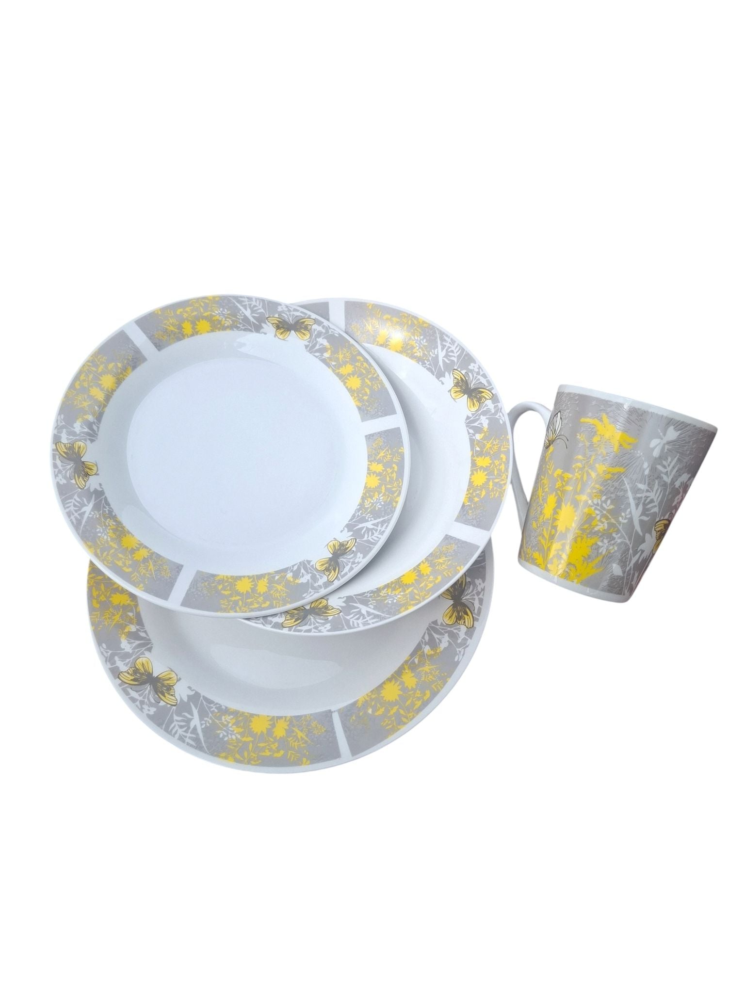 Set masa portelan 24 piese cu cani model fluturi galbeni Romanita
