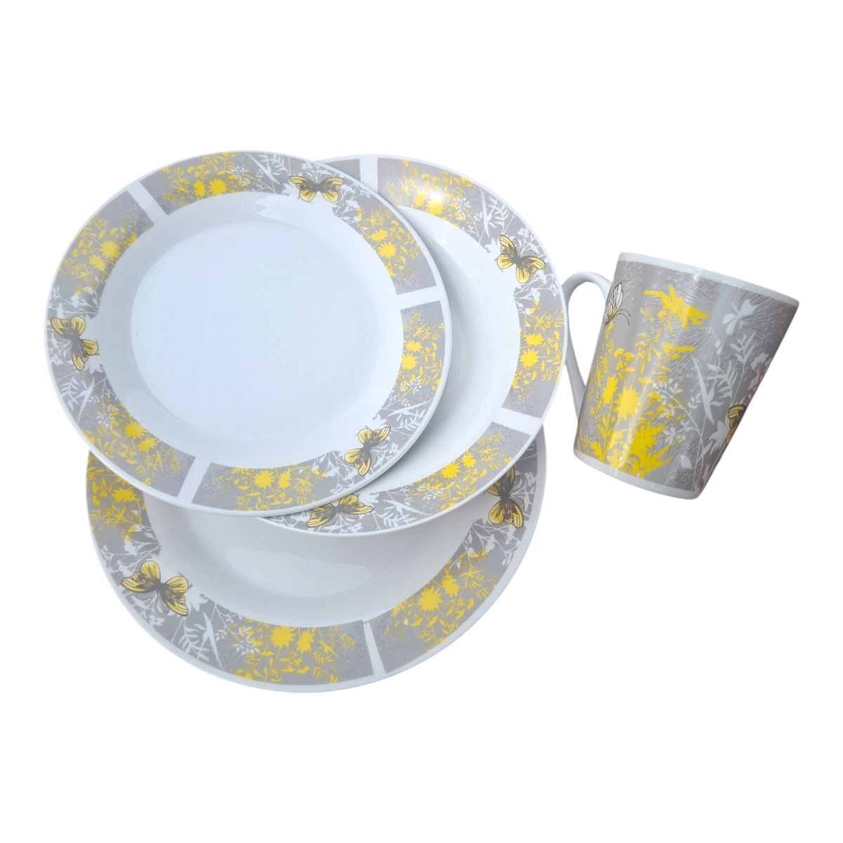 Set masa portelan 24 piese cu cani model fluturi galbeni Romanita