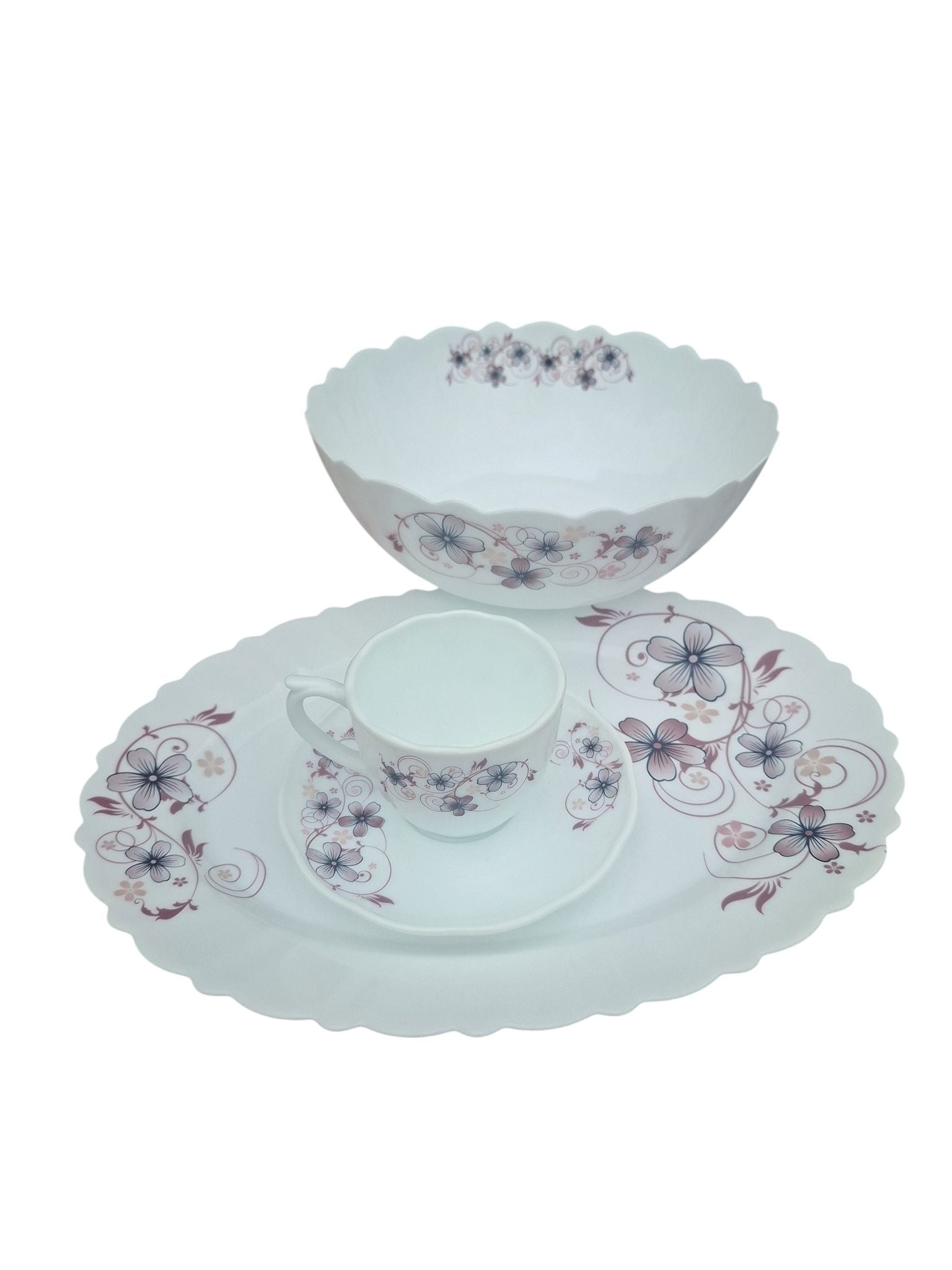 Set masa opal floral 32 piese pentru 6 persoane cu cesti si bol salata
