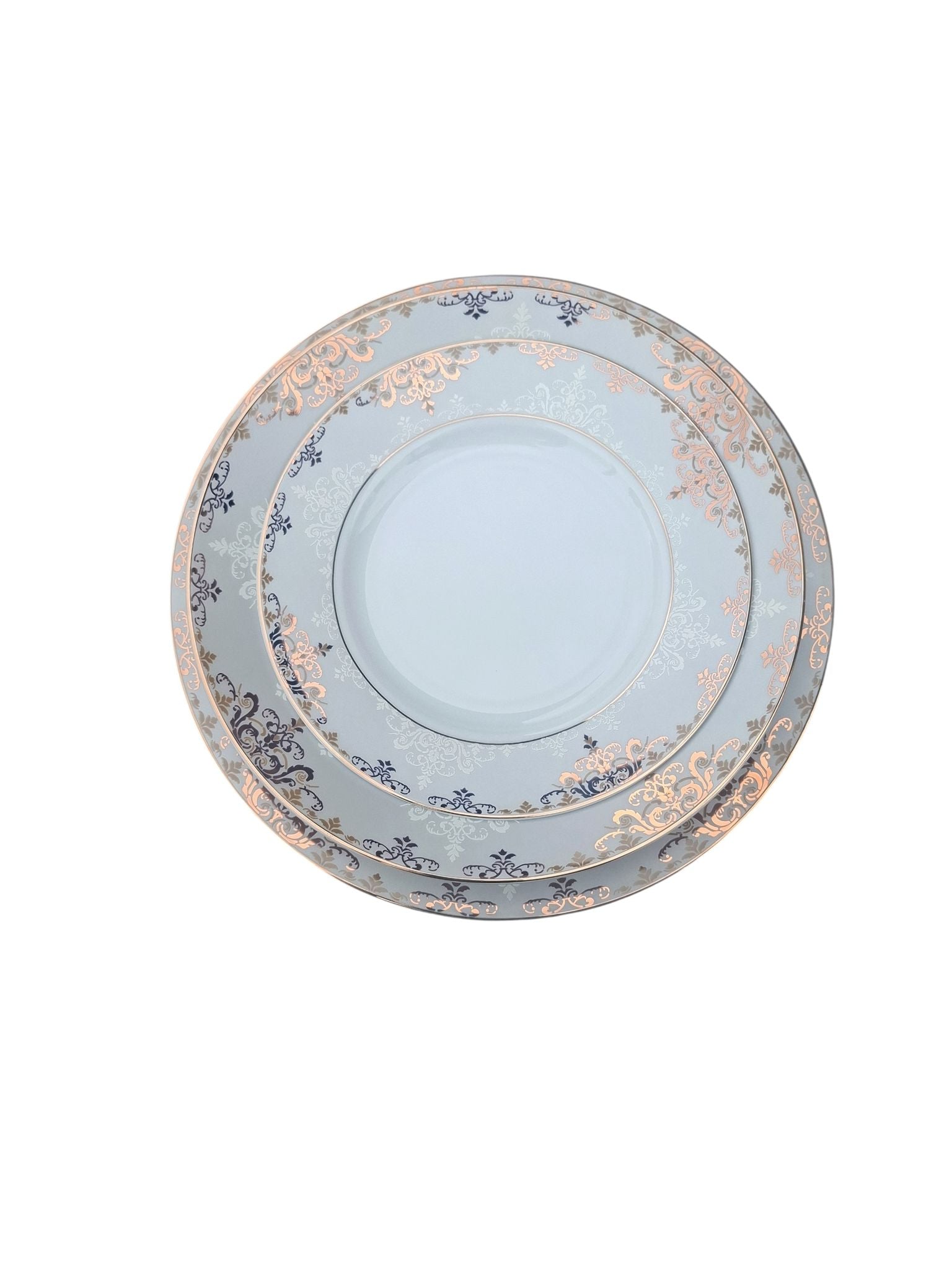Set masa 18 piese model elegant gri cu auriu pentru 6 persoane
