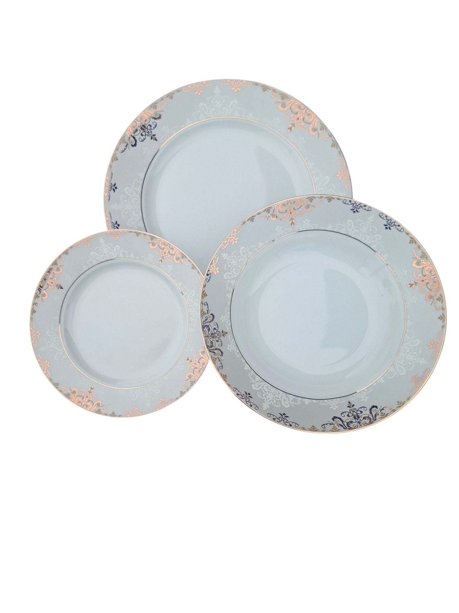 Set masa 18 piese model elegant gri cu auriu pentru 6 persoane