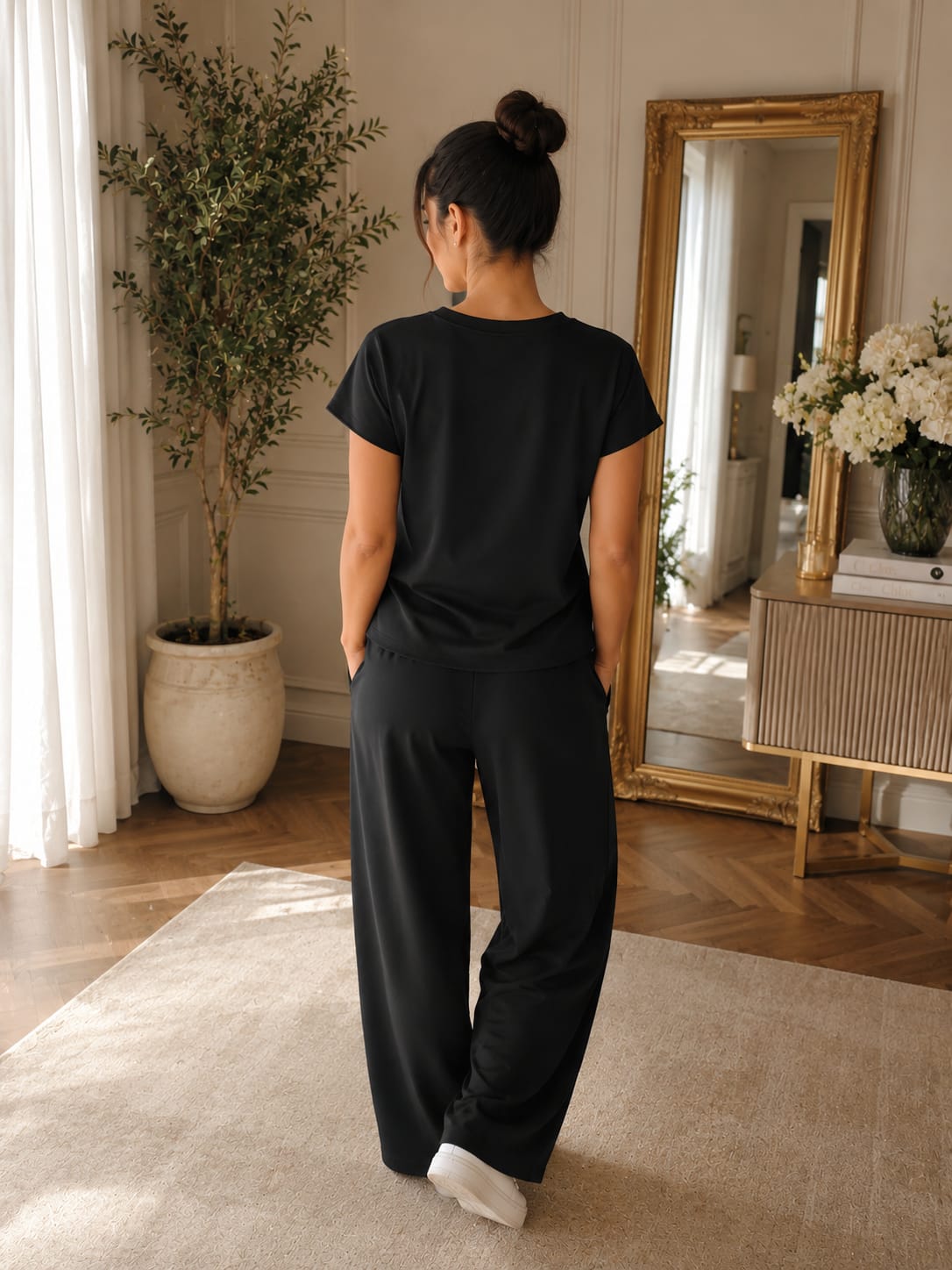 Compleu dama elegant negru Made in Italy bluza cu esarfa si pantaloni largi