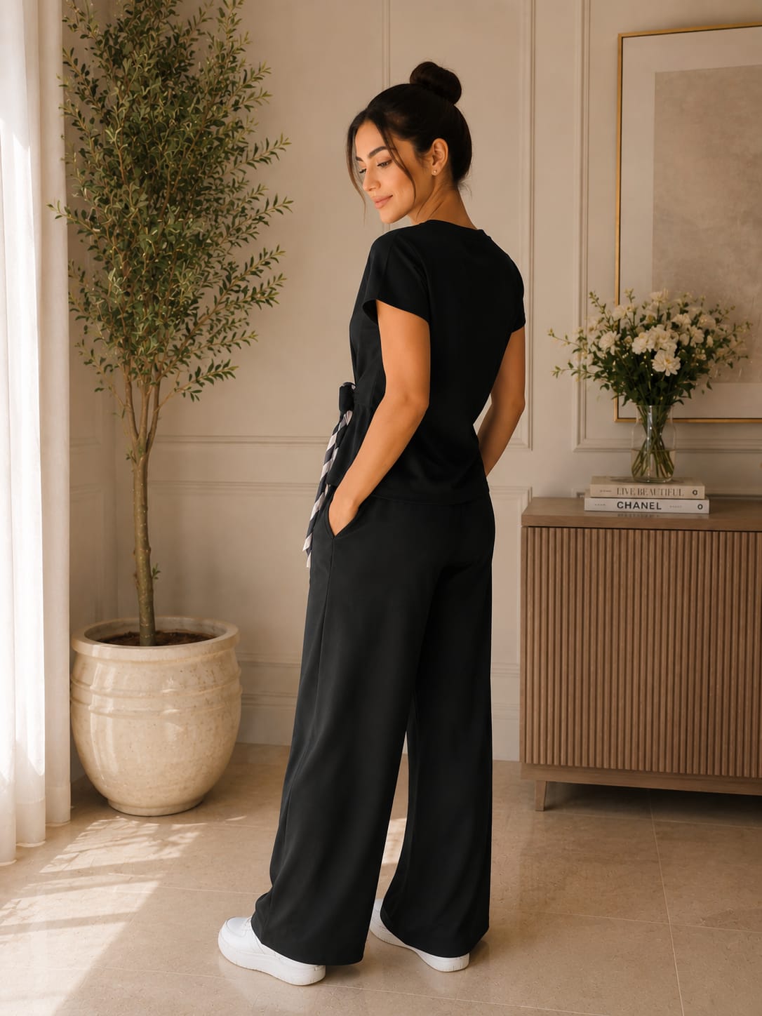 Compleu dama elegant negru Made in Italy bluza cu esarfa si pantaloni largi