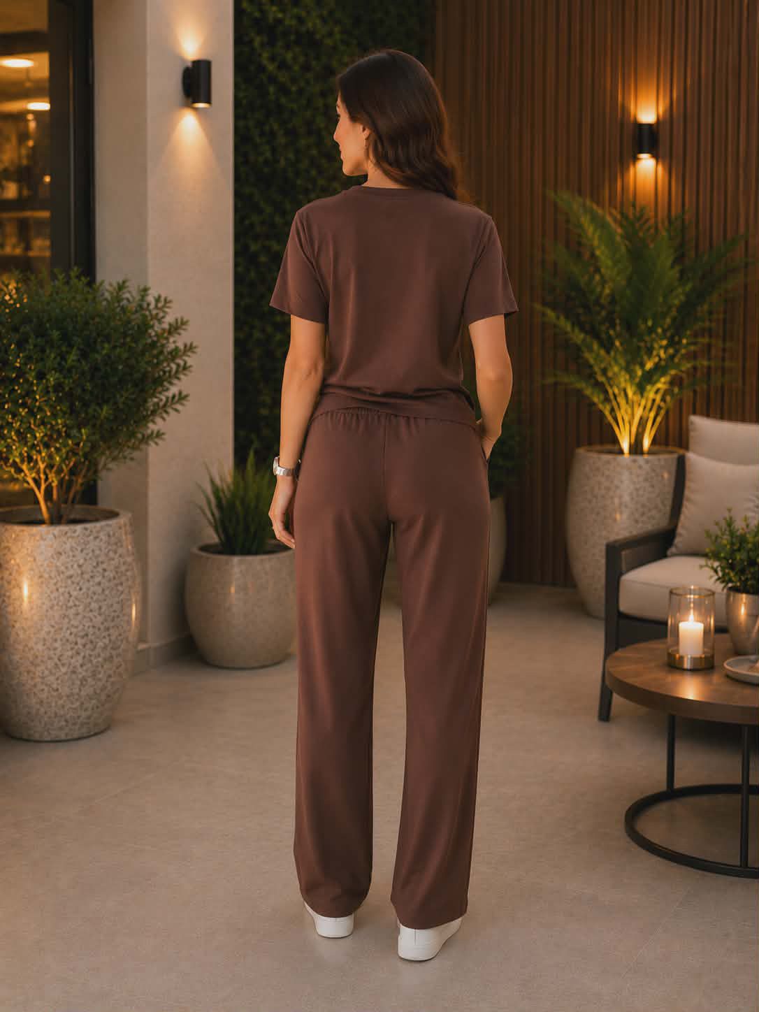 Compleu dama maro casual elegant marime universala Made in Italy bluza si pantaloni largi cu esarfa decorativa
