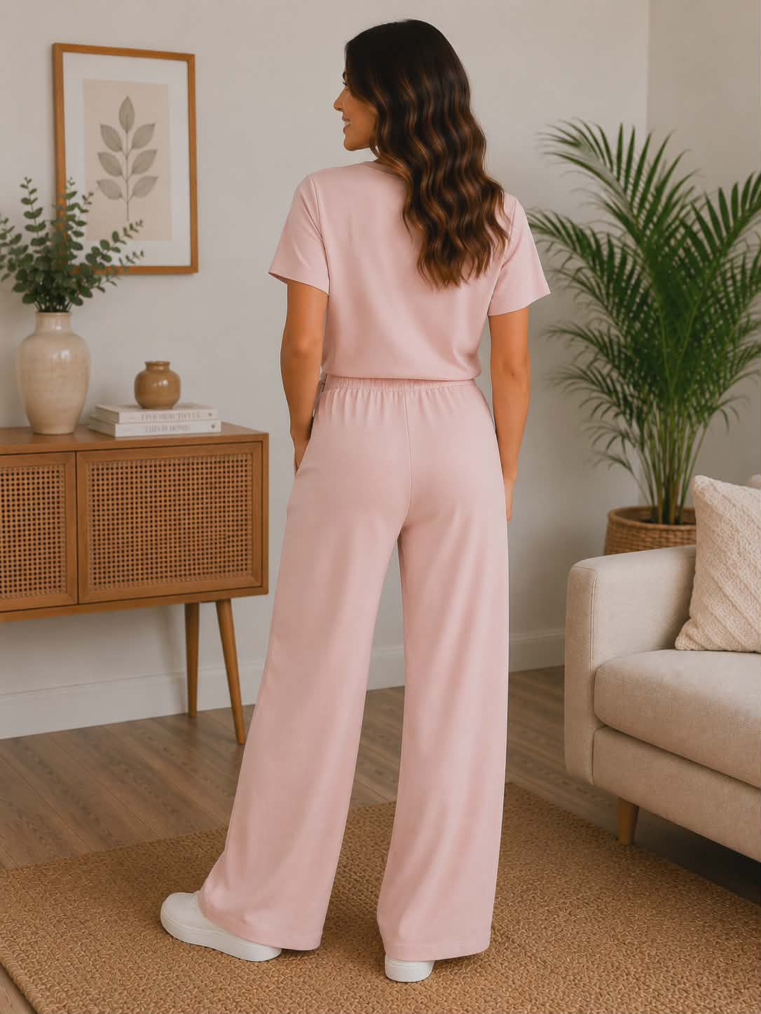 Compleu dama roz pudra casual elegant marime universala Made in Italy bluza si pantaloni largi cu esarfa decorativa