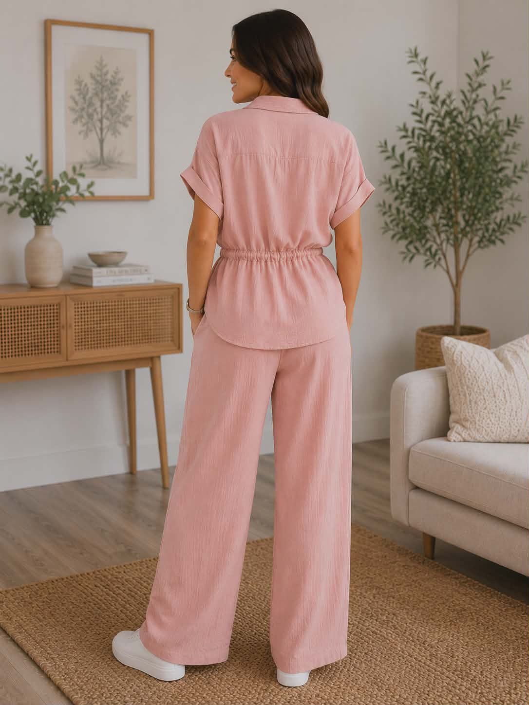 Compleu dama roz pudra casual elegant marime universala Made in Italy bluza cu nasturi si pantaloni largi