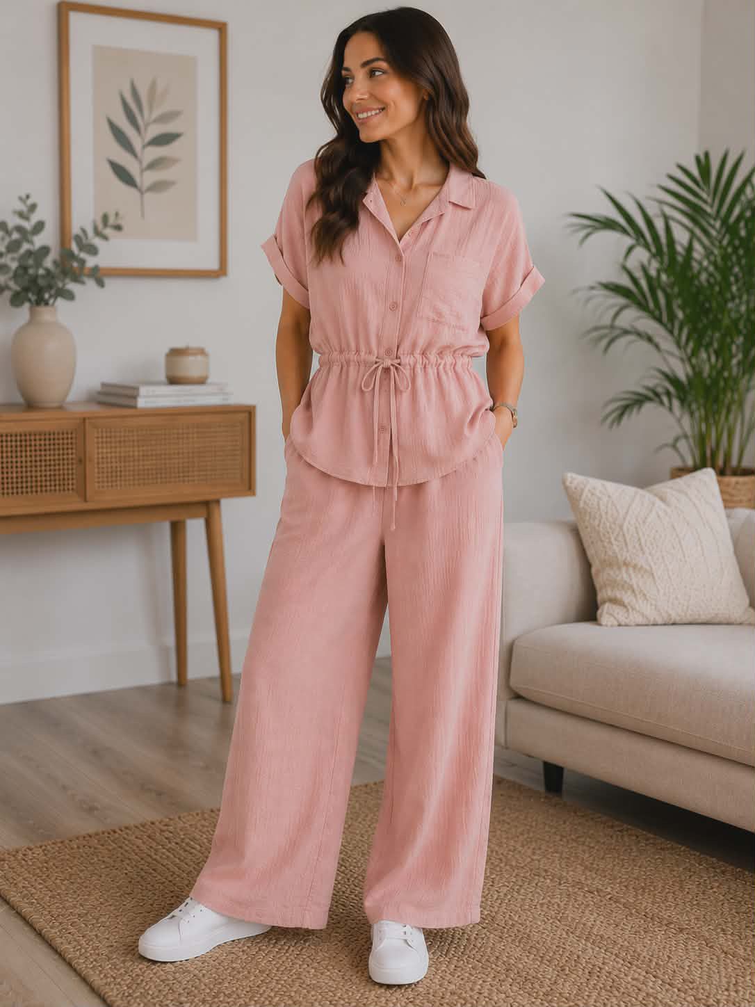 Compleu dama roz pudra casual elegant marime universala Made in Italy bluza cu nasturi si pantaloni largi