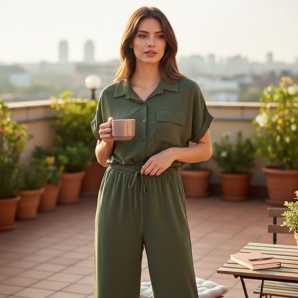 Compleu dama verde olive casual elegant marime universala Made in Italy bluza lejera si pantaloni largi