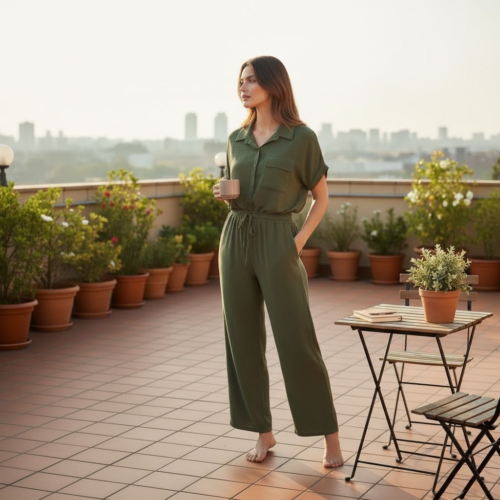 Compleu dama verde olive casual elegant marime universala Made in Italy bluza lejera si pantaloni largi