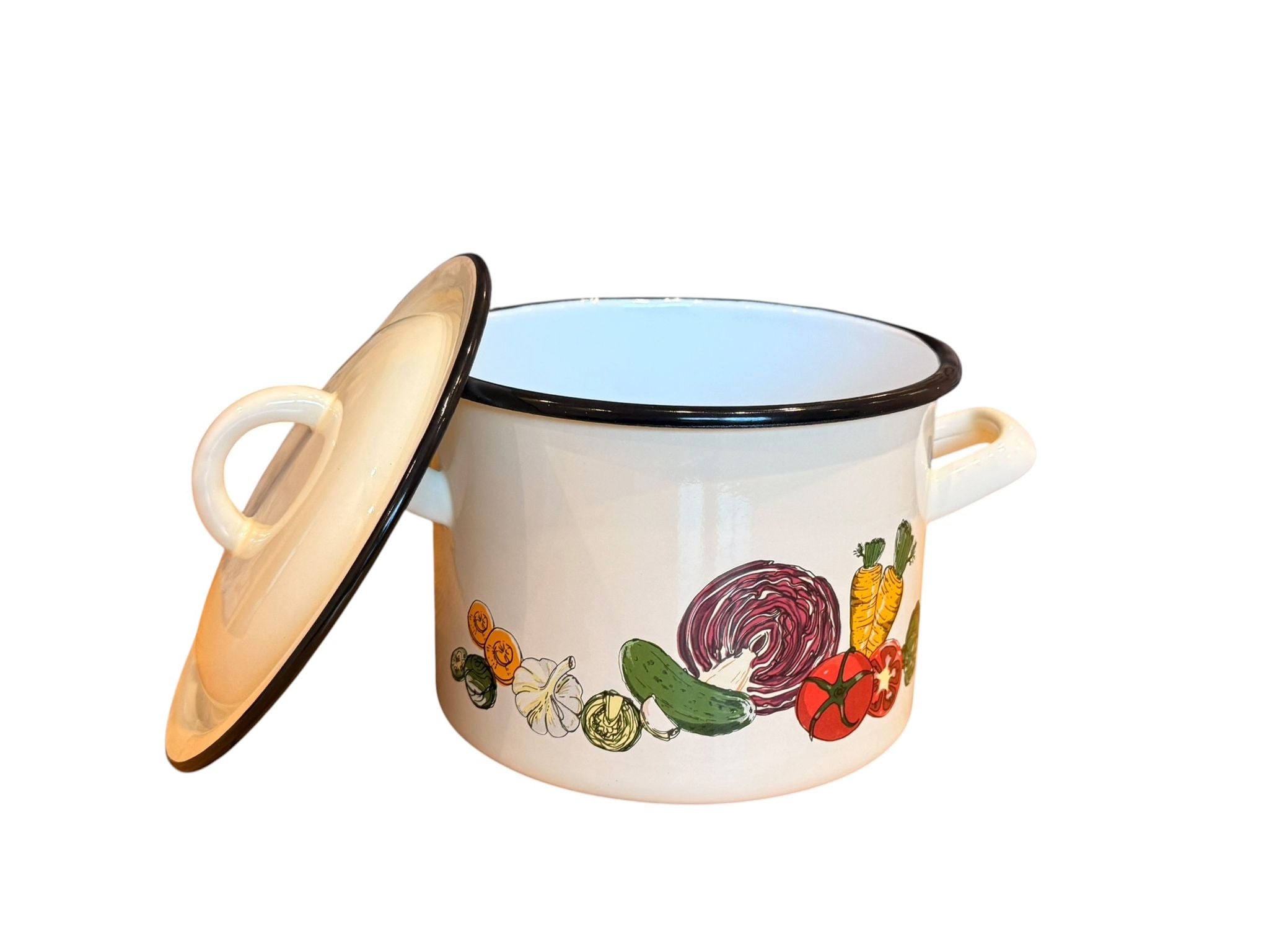 Oala emailata cu capac 2.5L 16 cm decor legume crem