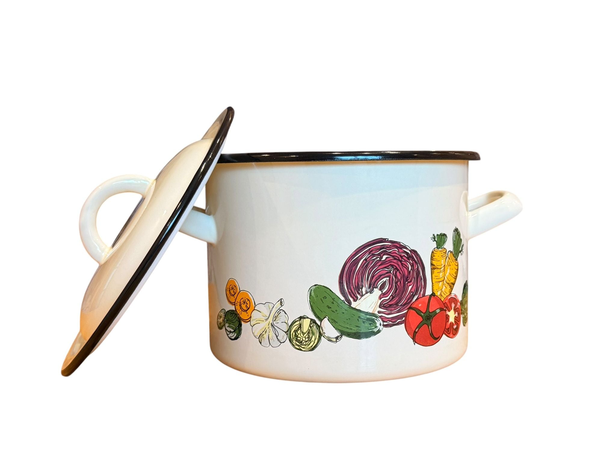 Oala emailata cu capac 2.5L 16 cm decor legume crem