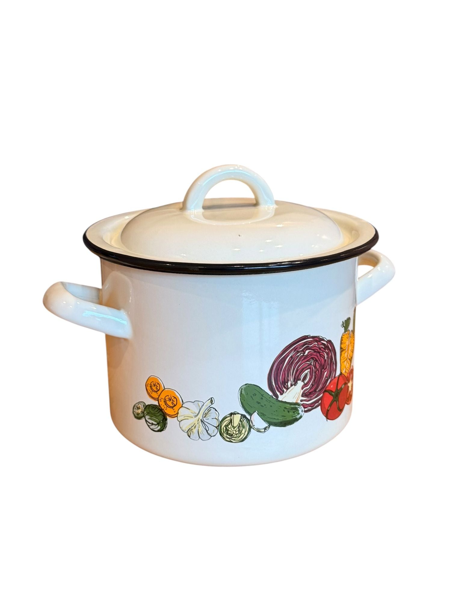 Oala emailata cu capac 2.5L 16 cm decor legume crem