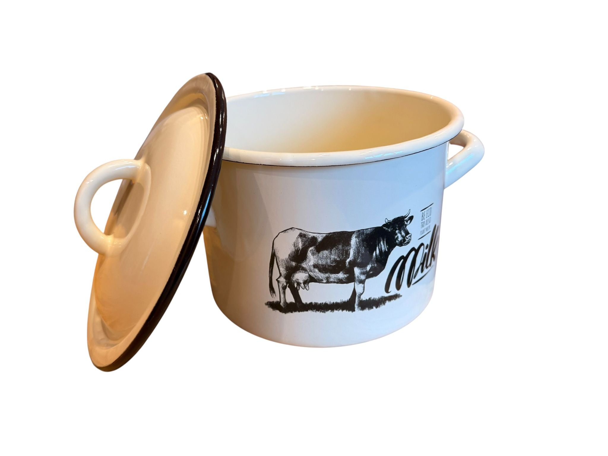 Oala emailata cu capac 2.5L 16 cm decor vaca crem