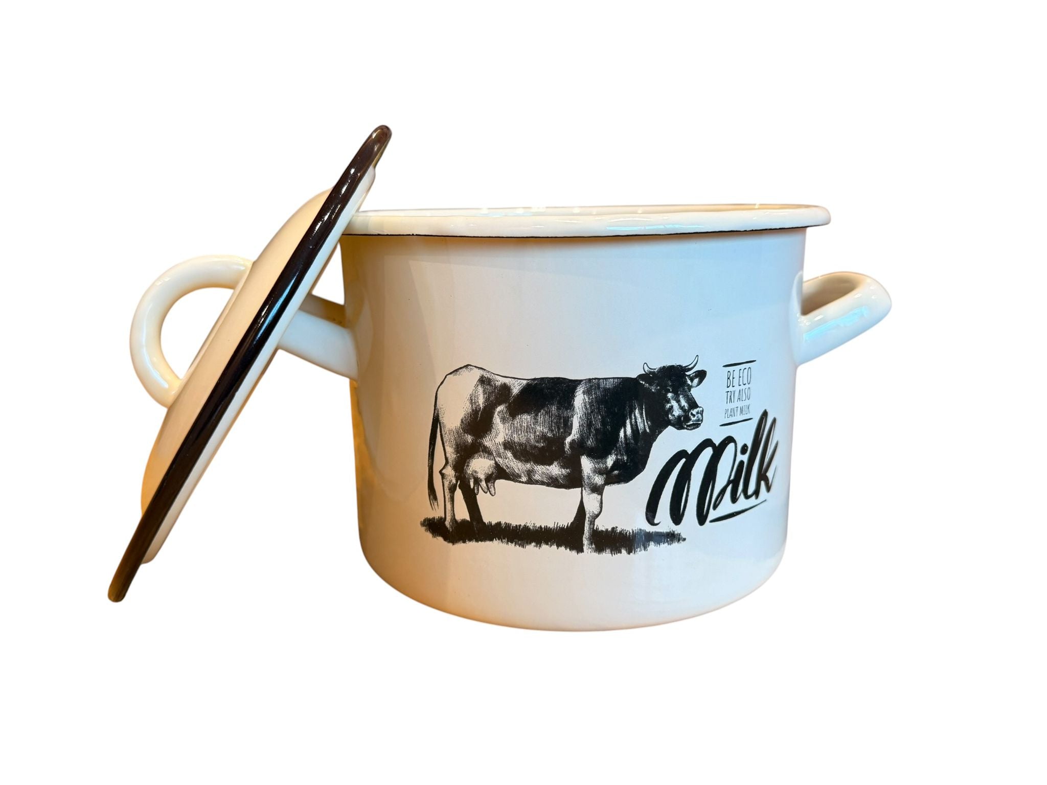Oala emailata cu capac 2.5L 16 cm decor vaca crem