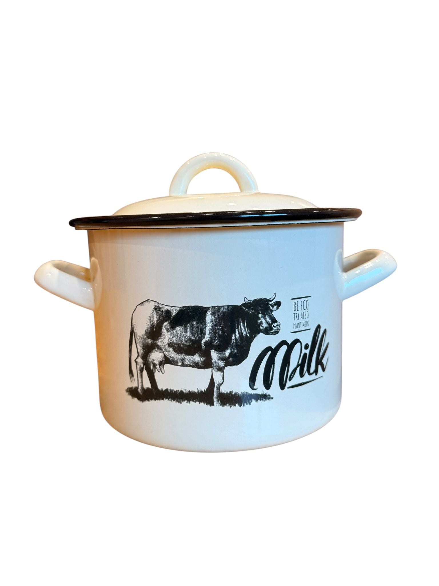 Oala emailata cu capac 2.5L 16 cm decor vaca crem