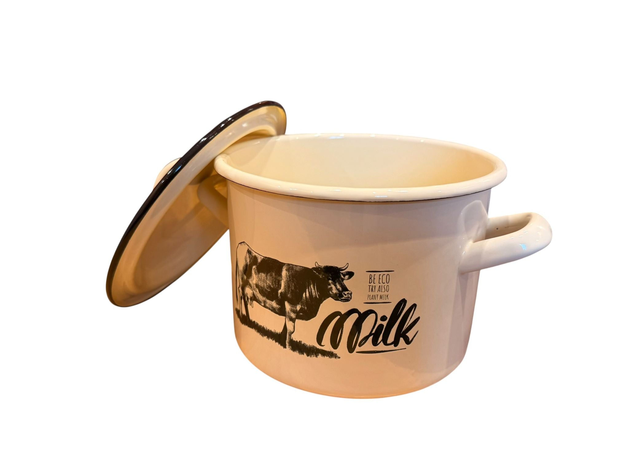 Oala emailata cu capac 2.5L 16 cm decor vaca crem