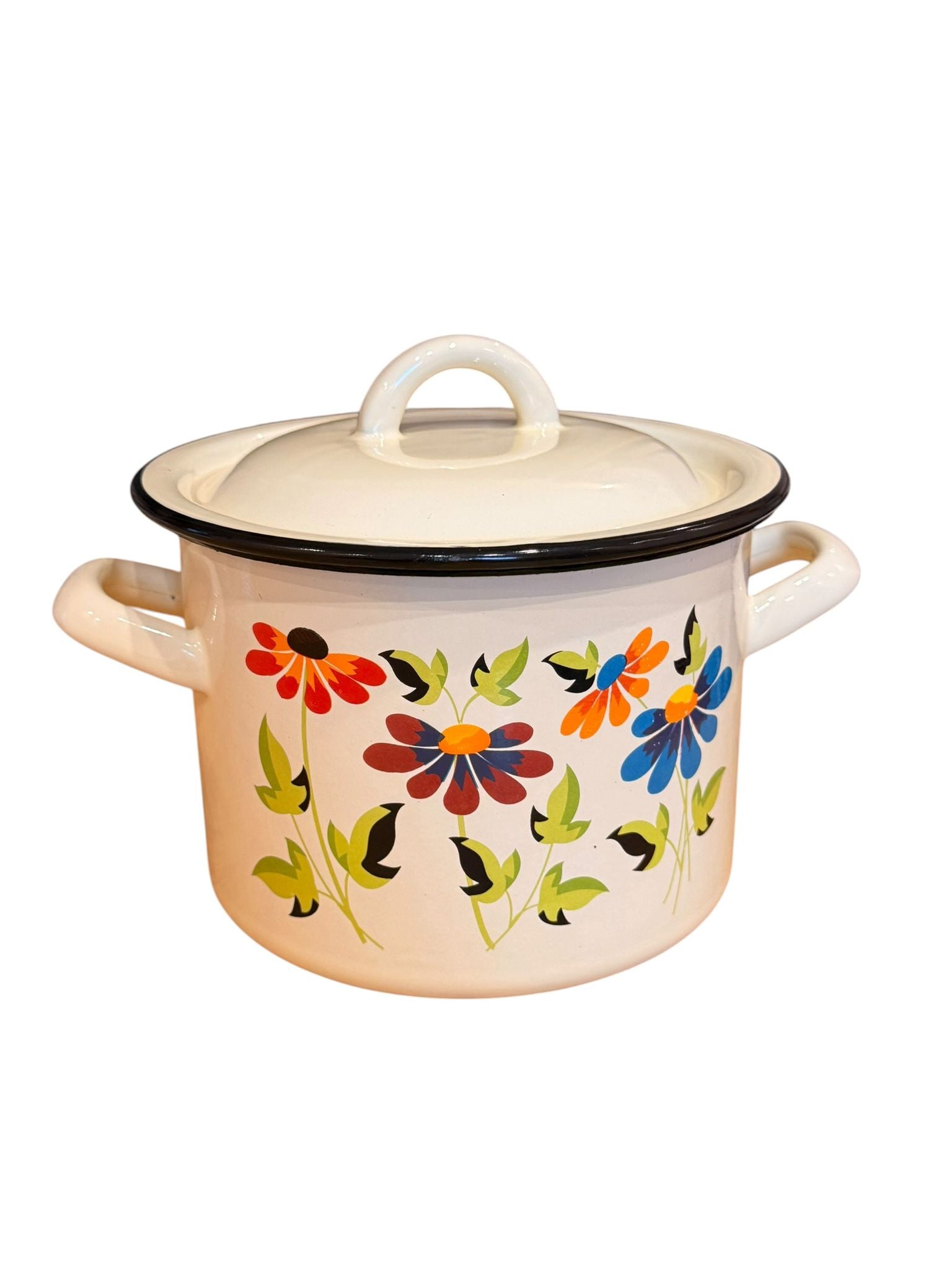 Oala emailata cu capac 2.5L 16 cm decor floral crem
