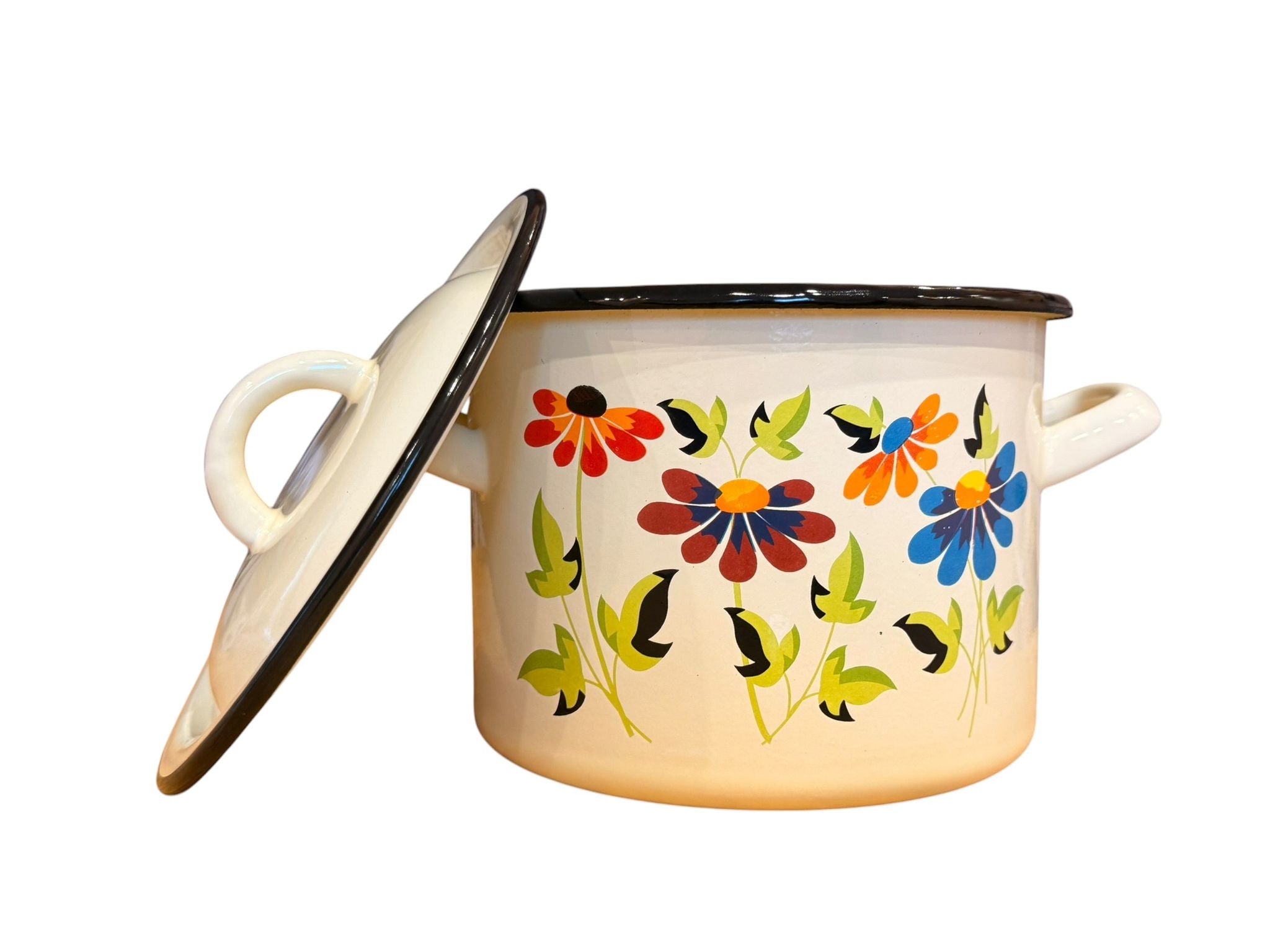 Oala emailata cu capac 2.5L 16 cm decor floral crem